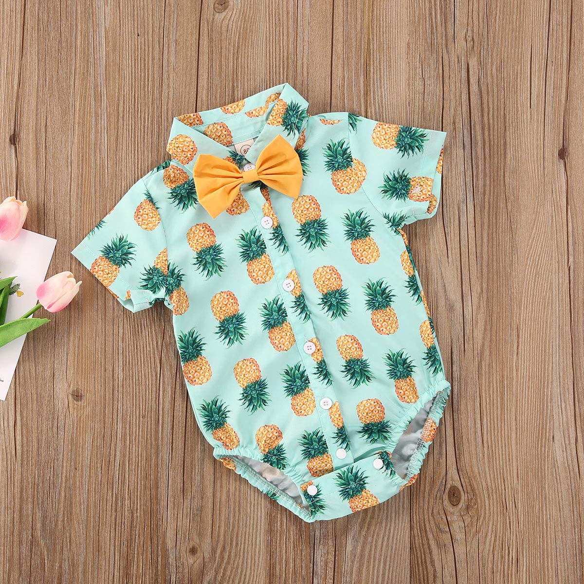 12-18 Months Baby Boy Floral Print Short Sleeve Romper Bodysuit - Gentlemen Style One-Piece Outfit for Newborn Infant (Yellow) | Perfect for Summer Outings, Photo Shoots & Special Occasions