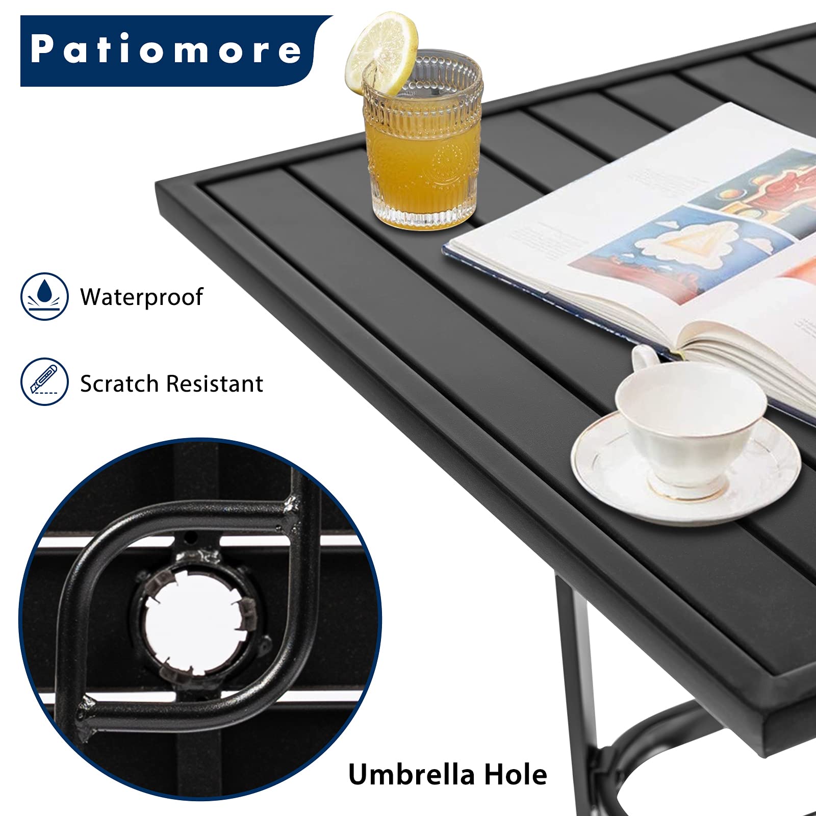 Black Metal Frame Patio Bar Table with Umbrella Hole - Outdoor Bistro Height Dining Table with Slat Design for Backyard, Deck & Poolside Entertaining