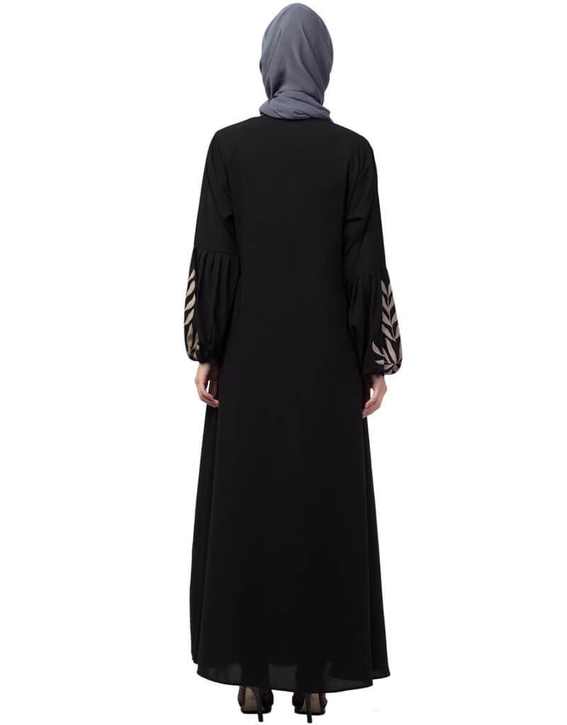 Elegant Arabic Front & Sleeve Resham Embroidered Balloon Sleeve Abaya Dress - Black | Modest Islamic Clothing for Prayer, Eid & Special Occasions
