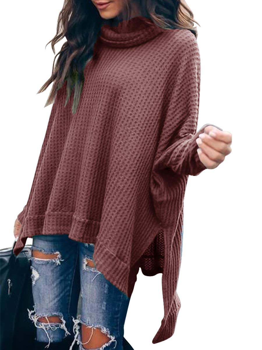 Caracilia Women's Oversized Tunic Sweater - Soft Waffle Knit Turtleneck Batwing Long Sleeve Pullover with Split Hem | Cozy Winter Fashion 2024 | Perfect for Office, Casual Outings & Holiday Gatherings
