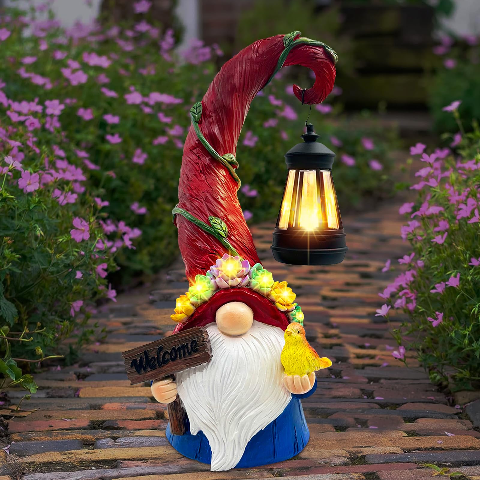 Solar Powered Gnome Garden Statue with Succulent Planter & 6 LED Lights - Waterproof Outdoor Decor for Balcony, Patio, Yard - Perfect Housewarming & Birthday Gift for Women, Mom, Grandma - Ideal for Garden Parties, Evening Ambiance & Landscape Lighting