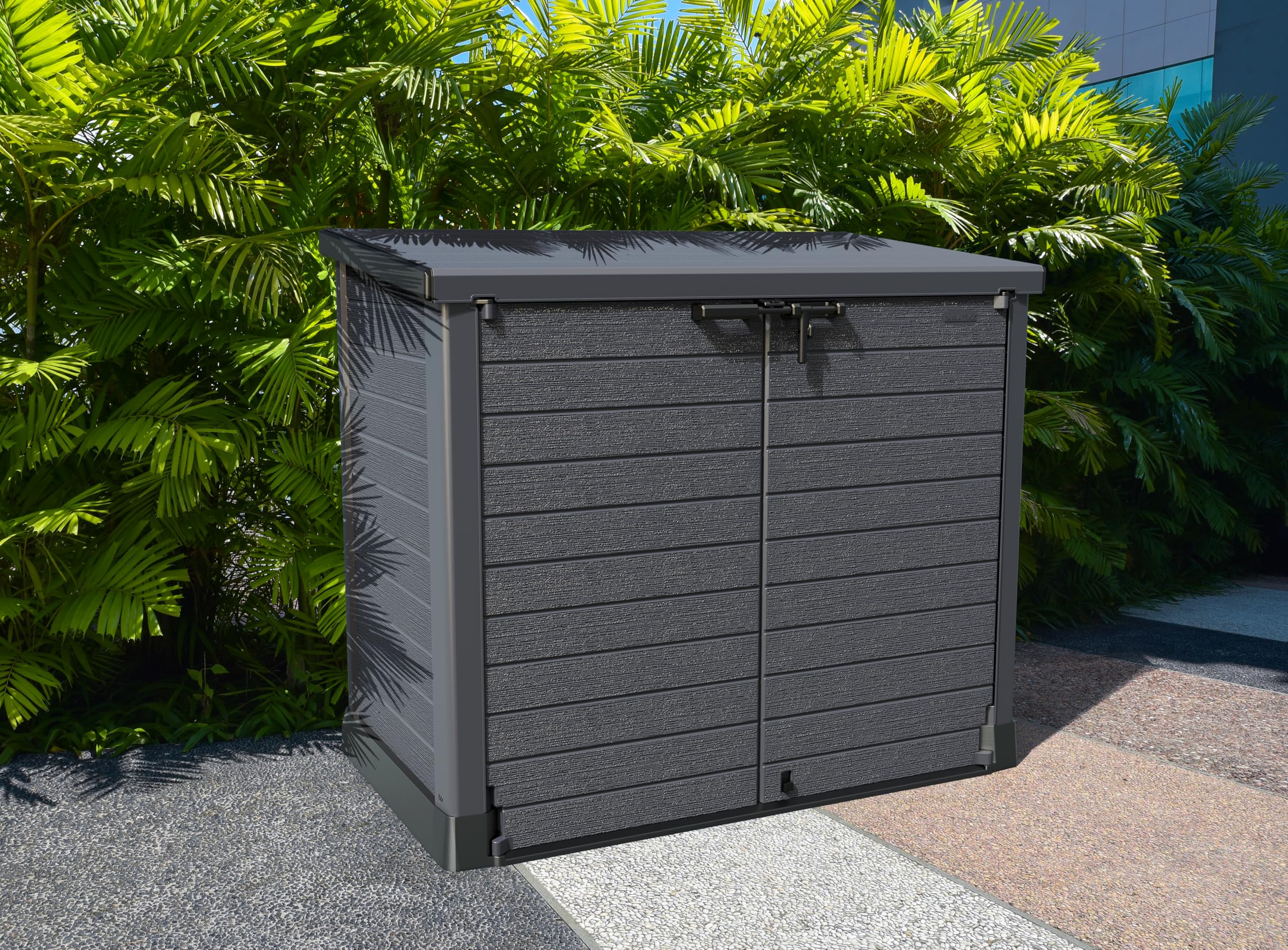 Duramax Cedargrain 1200L Plastic Outdoor Storage Shed with Flat Lid – Heavy-Duty Garden Shed for Bikes, Tools, BBQs & 2X 240L Bins – Weather-Resistant Grey Storage Unit (145x85x125 cm) – Perfect for Backyard, Patio & Garage Organization