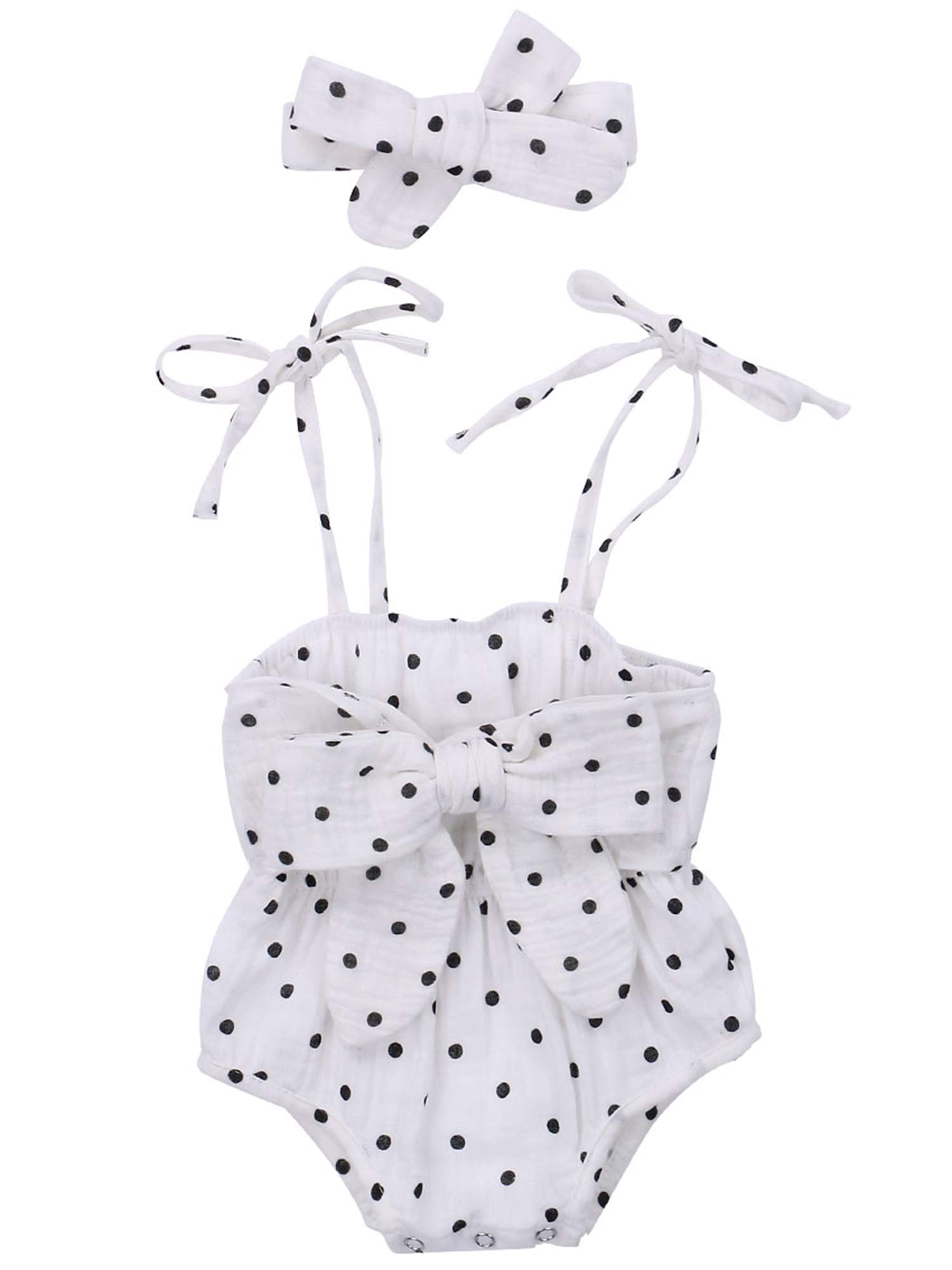 Baby Girl Sleeveless Summer Romper with Spaghetti Straps & Bowknot Headband - Soft Cotton Linen Bodysuit Outfit for Infants | Perfect for Beach, Park & Family Photos