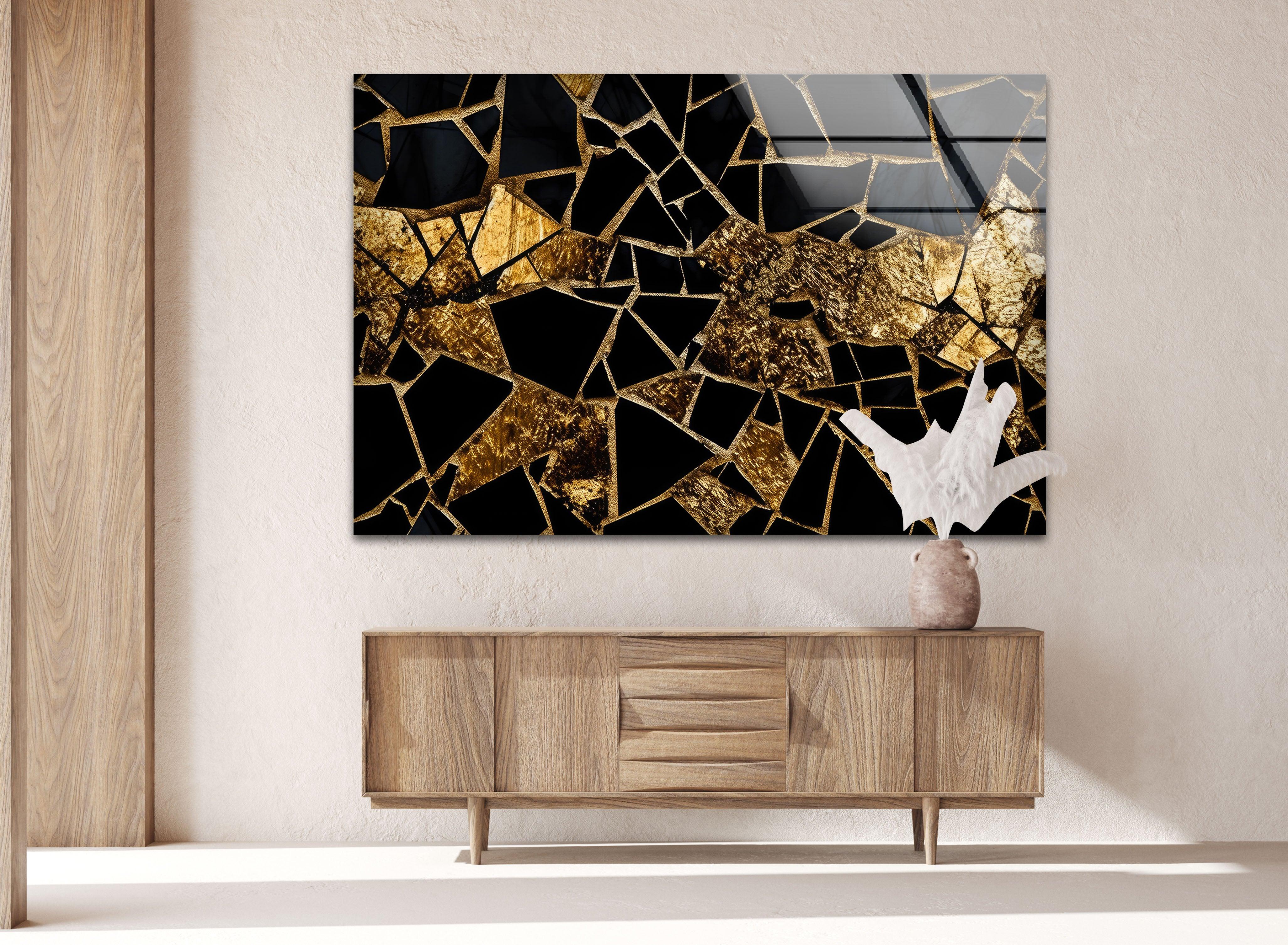 Elegant Black and Gold Stained Glass Wall Art - Handcrafted Marble Mosaic Decor for Living Room, Bedroom, or Office - Perfect for Home & Interior Design
