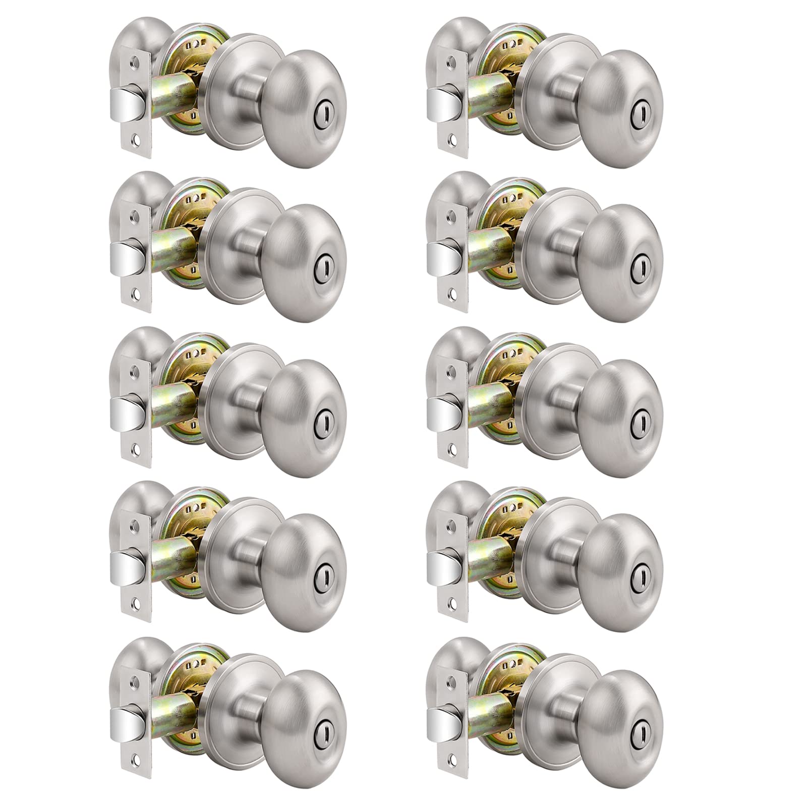 Probrico 10-Pack Brushed Nickel Privacy Door Knobs - Oval Style Keyless Lockable Bedroom & Bathroom Door Handles (Egg Shape) for Home, Office, and Hotel Interior Doors