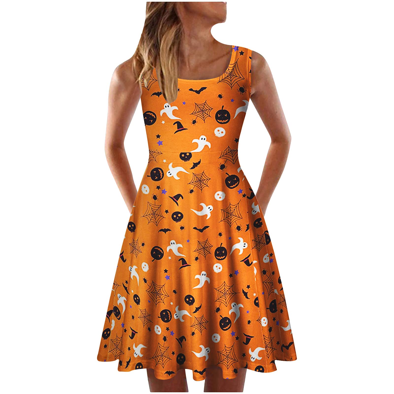Trendy Women's Summer Sleeveless Dress - Halloween Print O-Neck Loose Fit Comfortable Casual Dress - Perfect for Beach Vacation, Party Wear & Mother's Day Gifts 2022