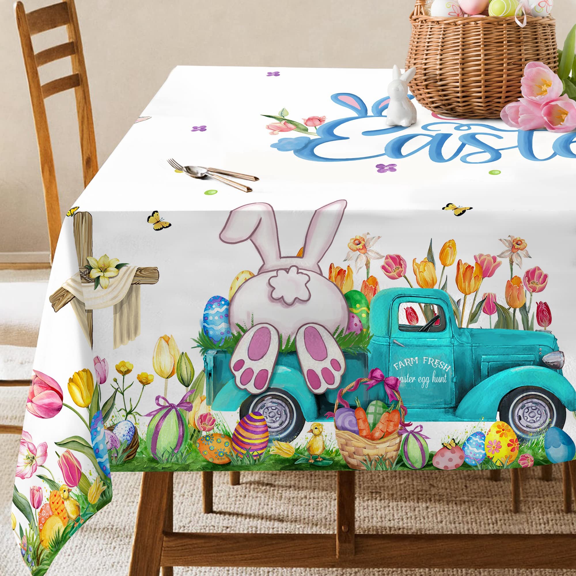 Hexagon Easter Tablecloth - 60 x 84 Inch Bunny & Tulip Vintage Washable Polyester Table Cover for Rectangle Tables - Perfect for Easter Brunch, Spring Picnics, Outdoor Dining & Holiday Party Decorations