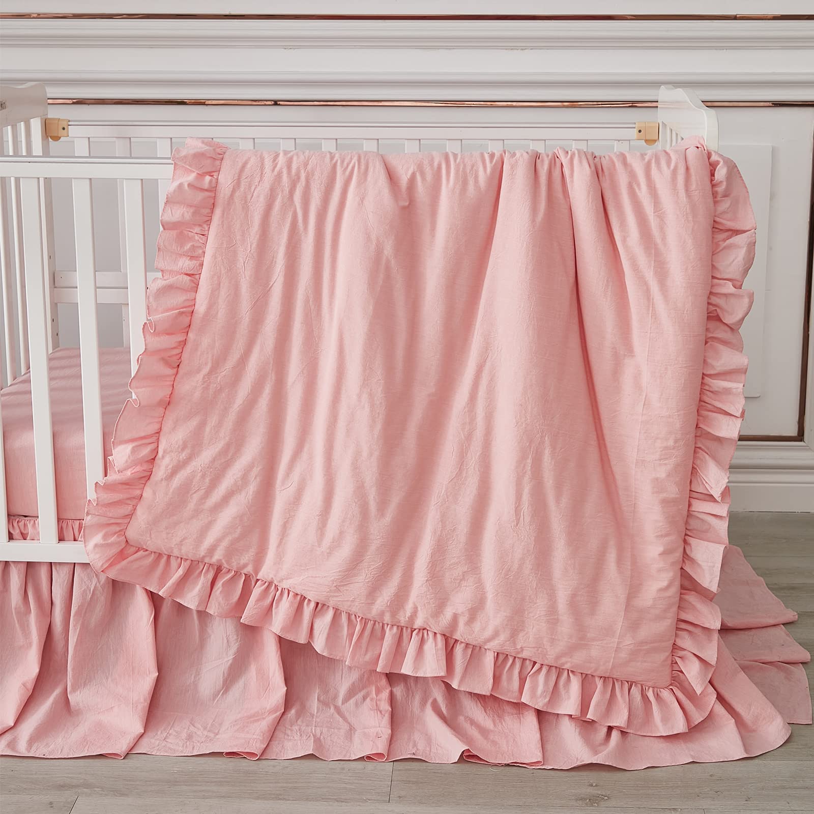Brandream 3-Piece Farmhouse Crib Bedding Set for Girls - Boho Chic Nursery in Rose/Antique Pink | 100% Washed Cotton Baby Comforter, Fitted Crib Sheet & Crib Skirt | Perfect for Newborn Nursery, Baby Shower Gifts & Gender Reveal Decorations