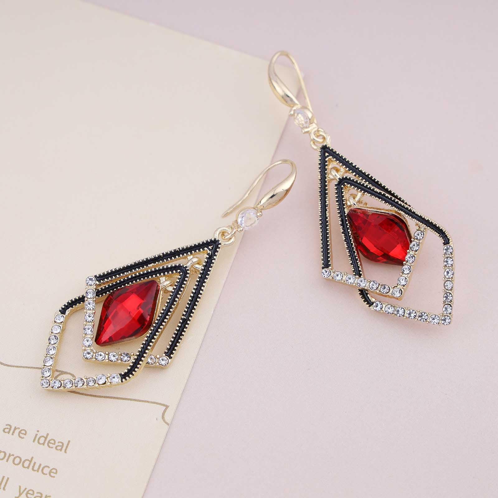Bohemian Ruby Crystal Dangle Earrings - Gold Hollow Square Drop Earrings with Red CZ Stones, Rhinestone Geometric Hook Earrings for Women | Elegant Jewelry Gift for Girls, Perfect for Parties, Weddings & Special Occasions