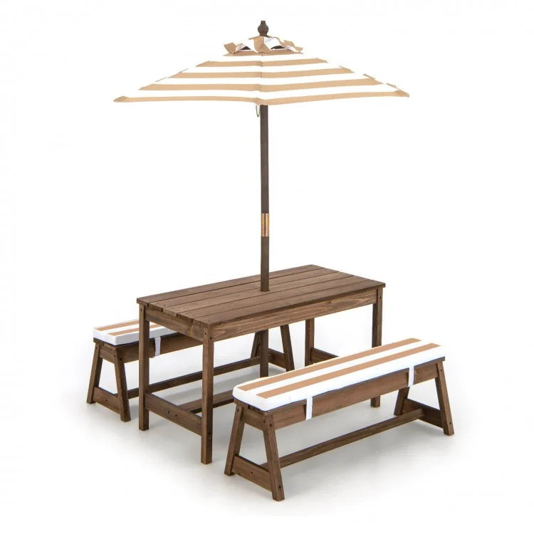 Adjustable Kids Picnic Table Set with Cushions & Umbrella - Outdoor Wooden Bench for Toddlers - Perfect for Backyard, Garden & Playtime Activities