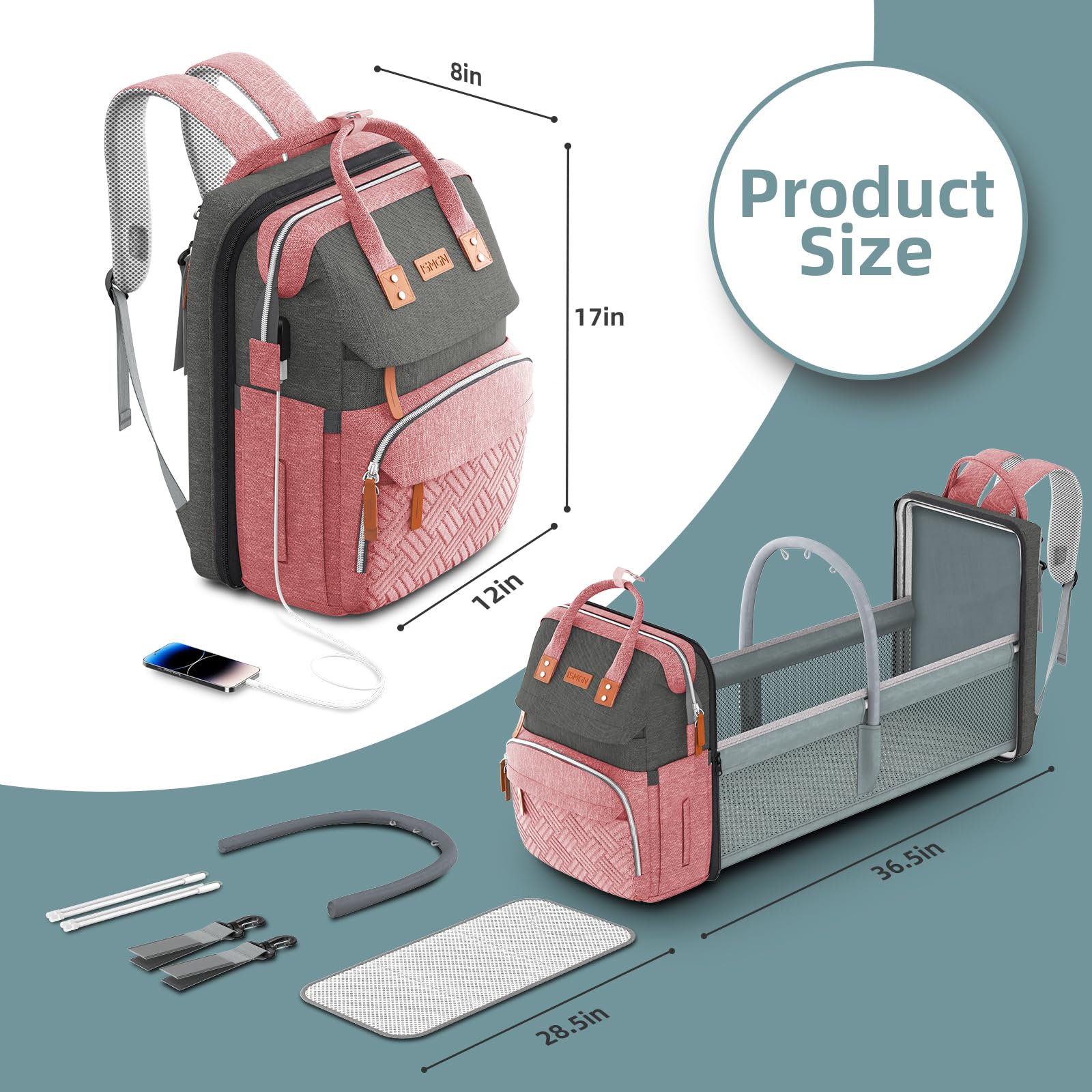 Premium Diaper Bag Backpack with Insulated Bottle Pockets & Foldable Changing Station - Large Waterproof Baby Diaper Bag for Moms, Multifunctional Travel Organizer (Pink Gray) - Perfect for Daycare, Travel & On-the-Go Parenting