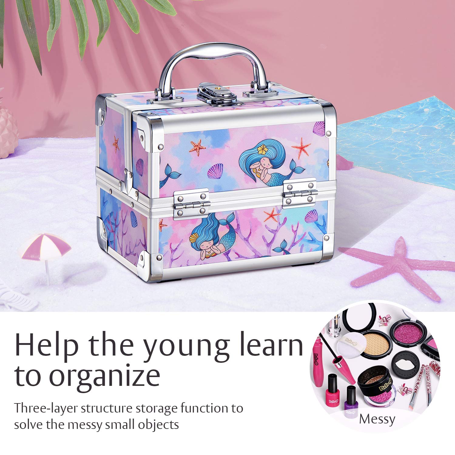 Joligrace Lockable Makeup Train Case for Girls - 2-Tier Cosmetic Organizer with Mirror | Jewelry & Hair Accessories Storage | Perfect for Travel, Birthday Gifts & Princess Themed Rooms (Mermaid Design)