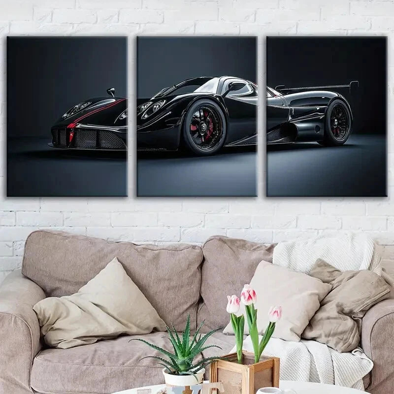 3-Piece Abstract Black Sports Car Racing Wall Art Set - Framed Canvas 40x60cm | High Quality Print | 100% Australian Made | Ready to Hang | Perfect for Man Cave, Garage Decor & Motorsport Fan Gifts