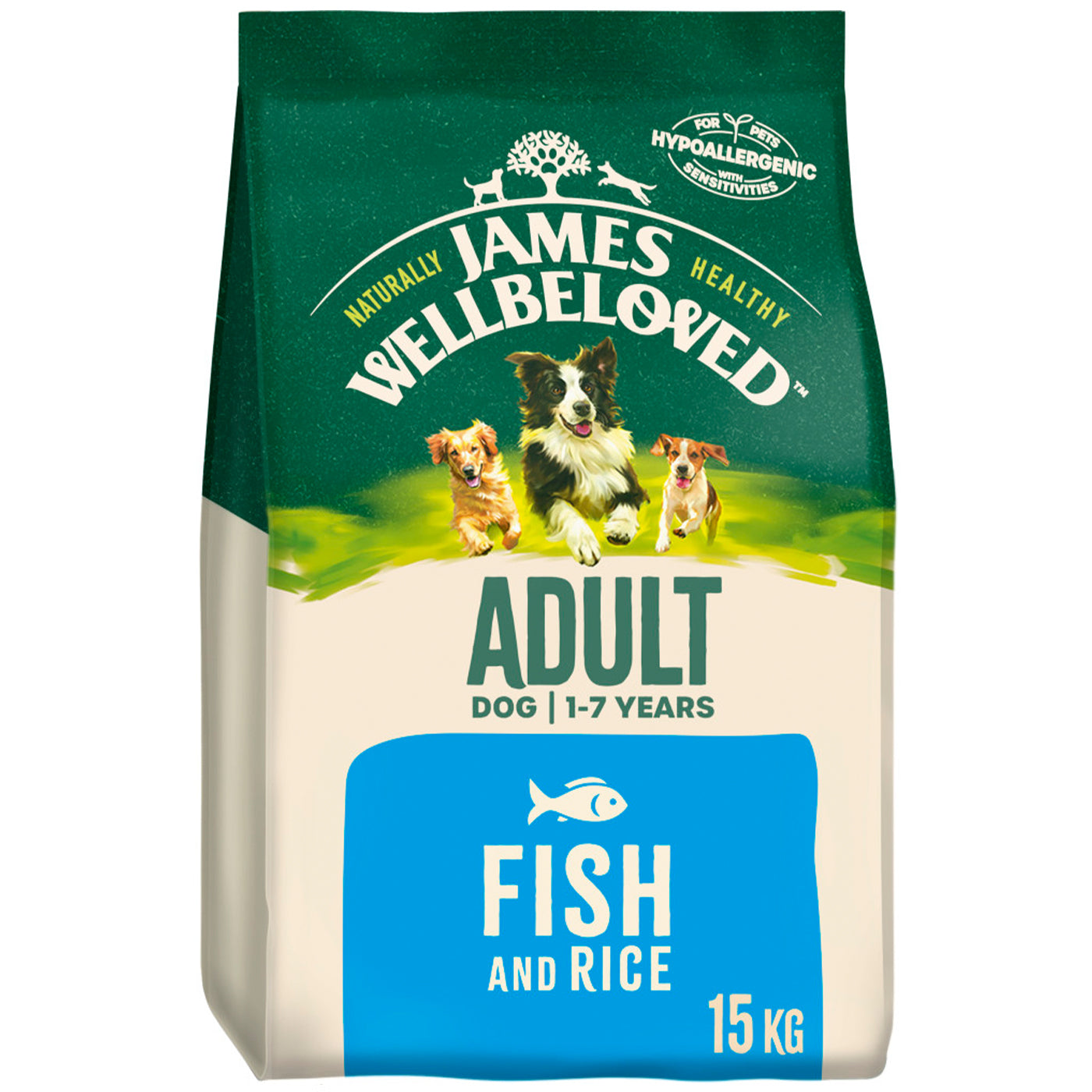James Wellbeloved Fish & Rice Adult Dry Dog Food 15kg - Natural Hypoallergenic Nutrition for Sensitive Stomachs - Perfect for Daily Feeding & Digestive Health