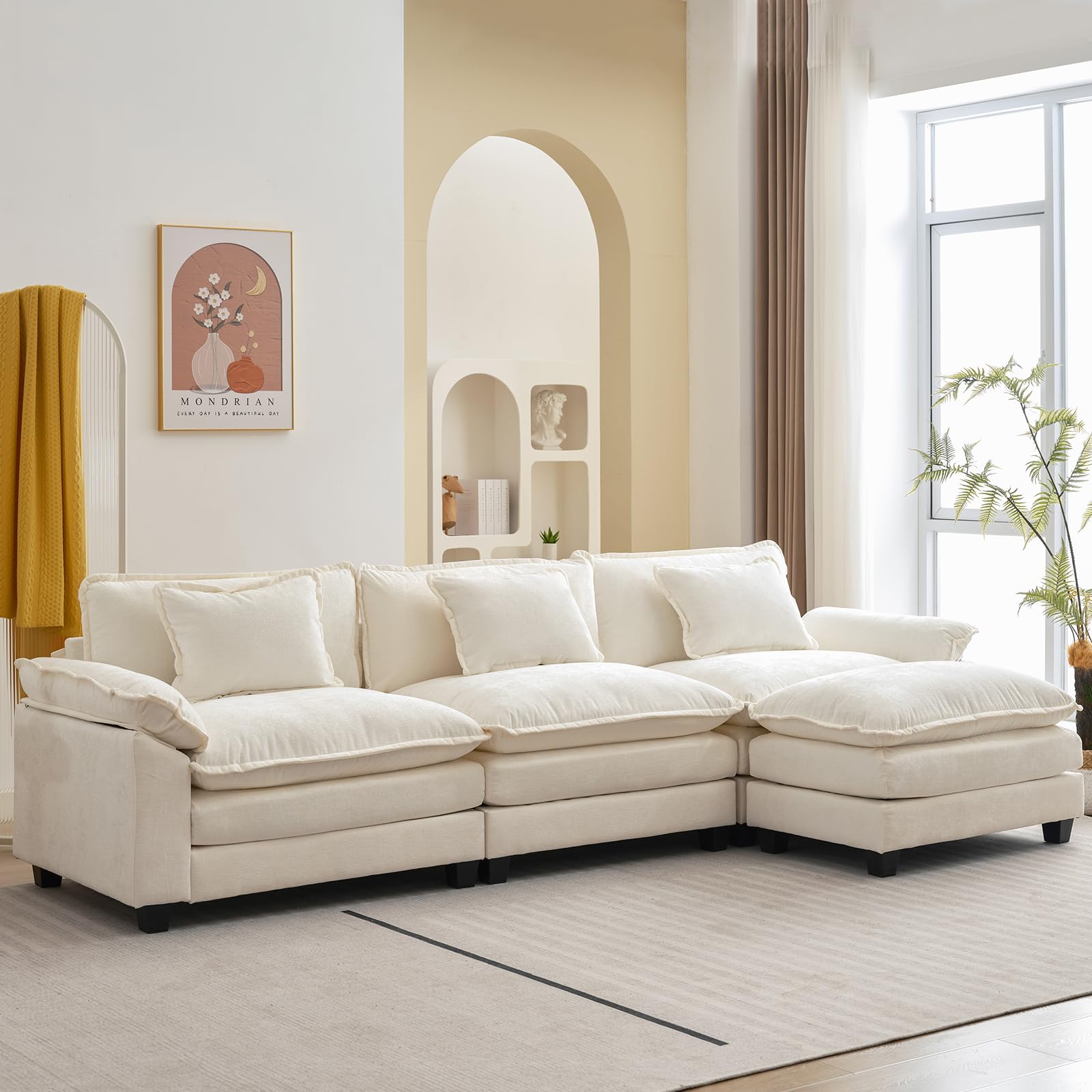 Modular Sectional Sofa with Ottoman - Cloud Couch Deep Seat Sleeper Sofa in Soft Chenille Fabric, Includes Throw Pillows - L-Shaped 120