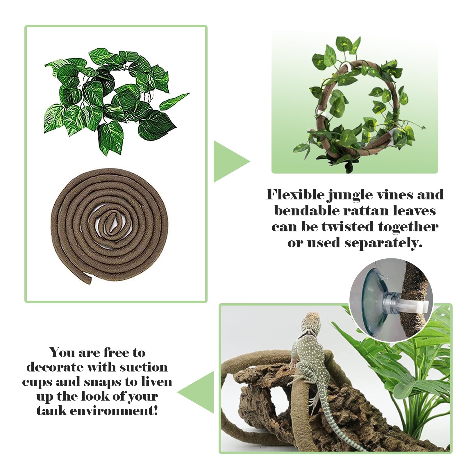 Kathson 4 PCS Flexible Reptile Vine Plants - Green Hanging Climbing Terrarium Decor for Lizards, Bearded Dragons, Geckos, Snakes & Chameleons | Natural Habitat Accessory for Reptile Tanks & Terrariums | Perfect for Climbing, Hiding & Enrichment