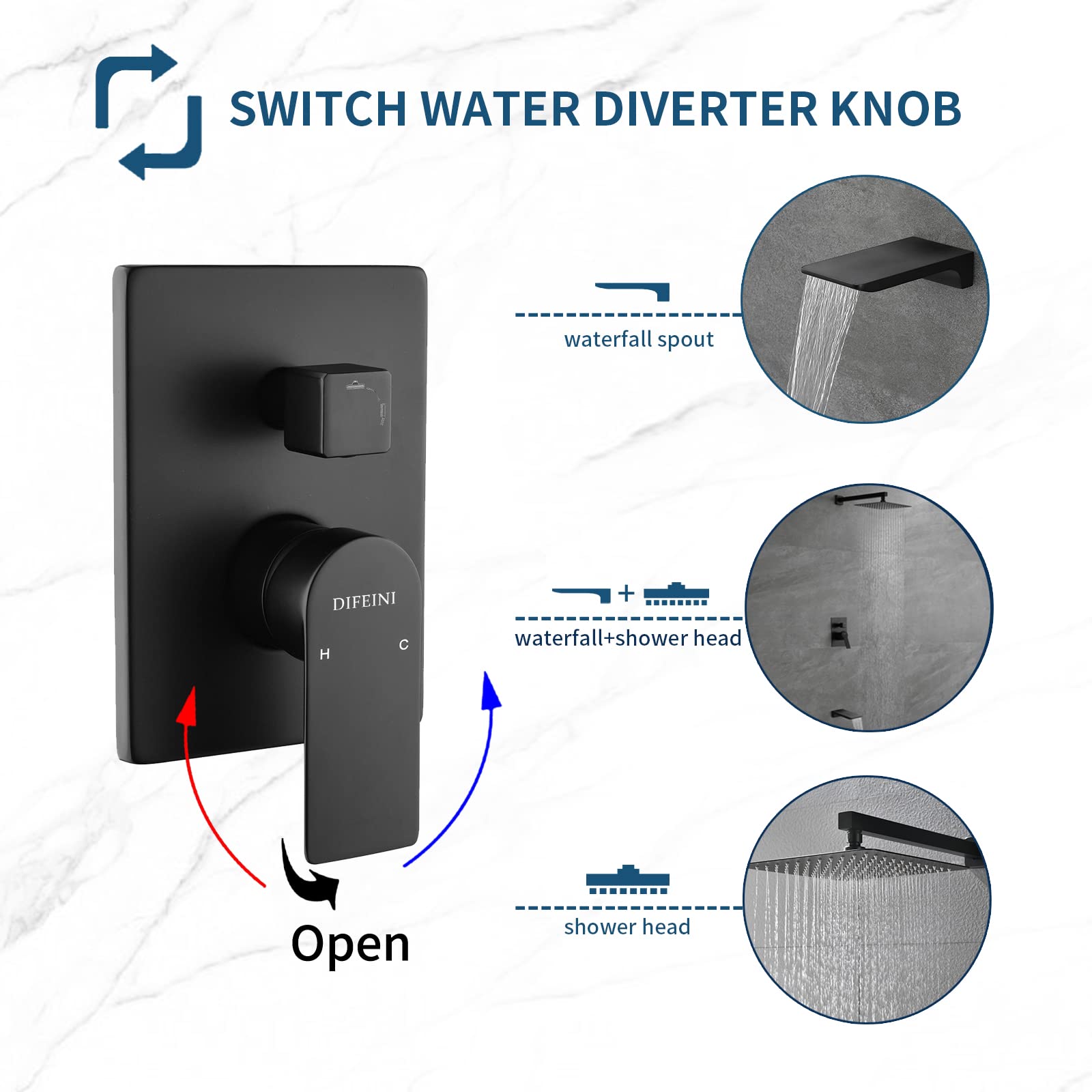 Premium Matte Black Shower Faucet Set with Waterfall Tub Spout - Complete Wall Mounted Shower System with Rough-in Valve for Bathroom Renovation | Perfect for Modern Home Spa Experience