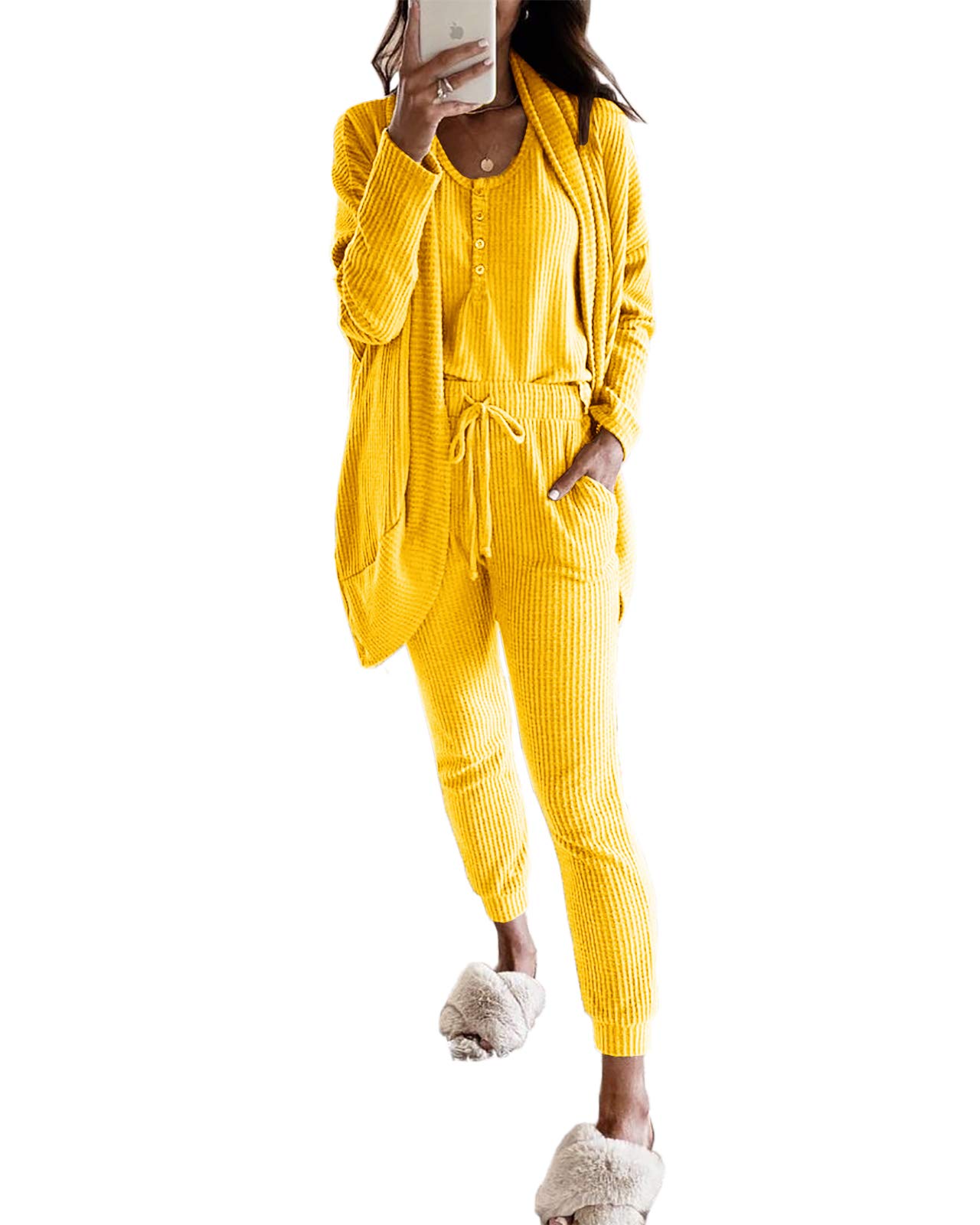 Women's 3-Piece Lounge Pajama Set - Cami Tank Top, Soft Pants & Waffle Knit Robe - Cozy Loungewear for Sleep, Relaxation & Home Comfort