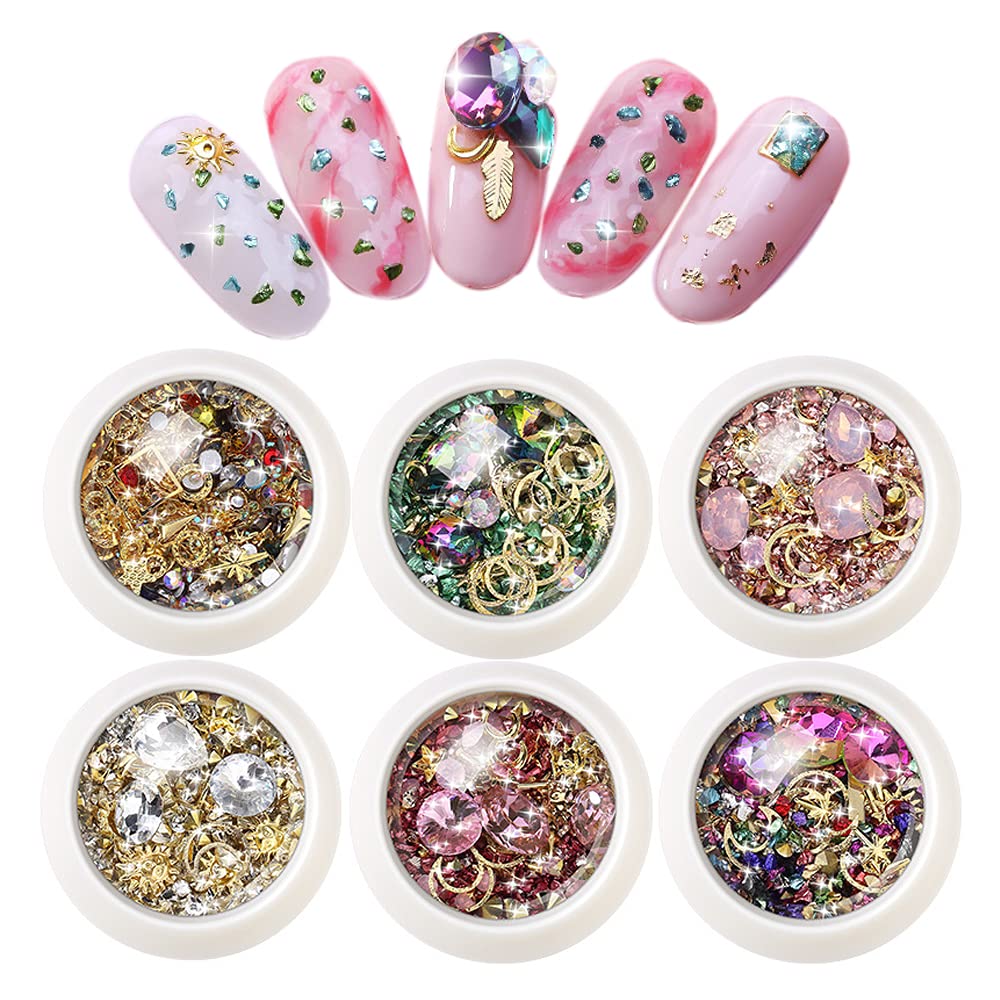 **Premium Nail Art Rhinestones Kit - 6 Boxes Mixed DIY 3D Nail Decorations with Moon & Star Shaped Sparkle Gems for Professional & Home Manicures**    *(Perfect for Nail Salons, DIY Enthusiasts, Bridal Nails, Party Glam, and Special Occasion Nail Designs)*