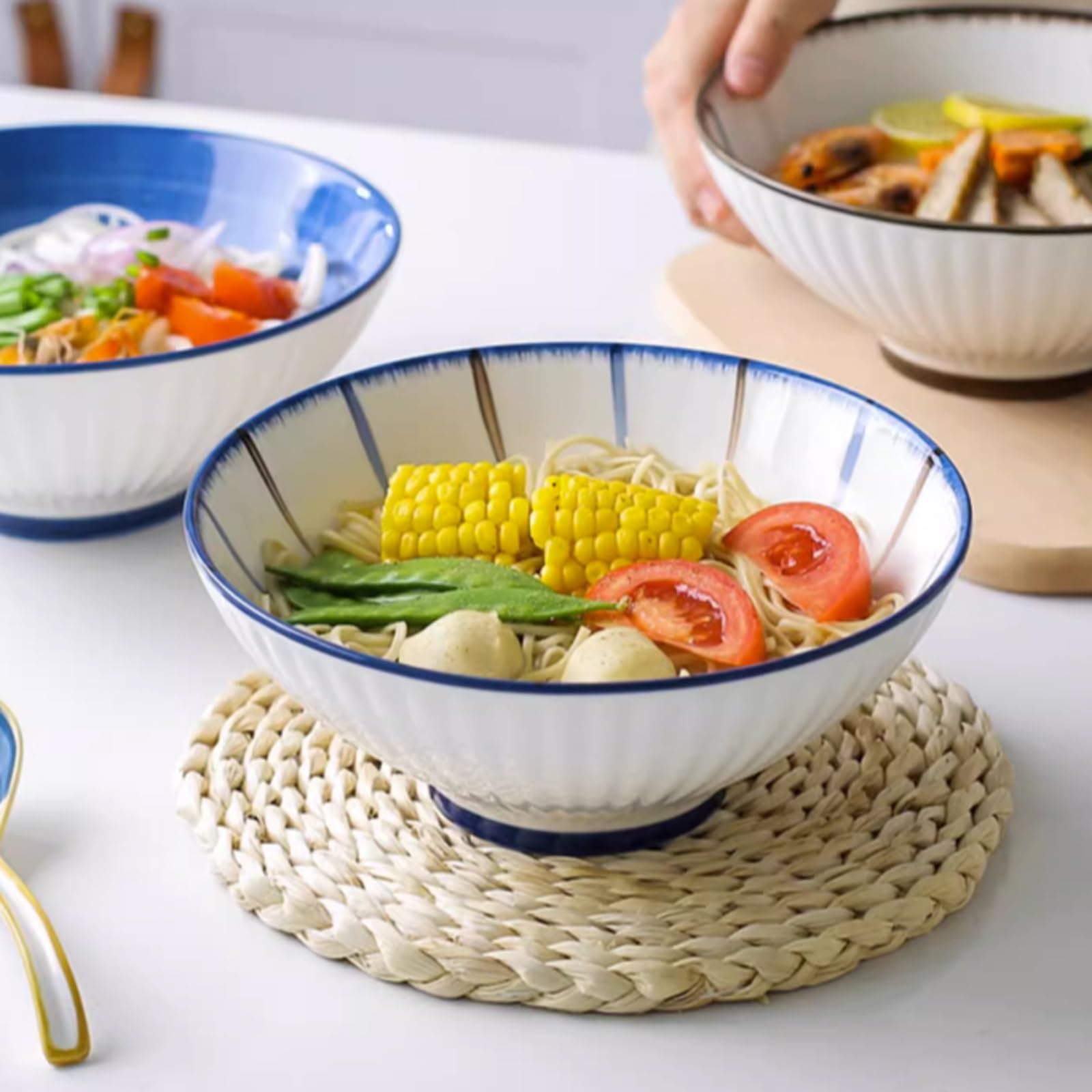 8 Inch Ceramic Salad Bowls - Large Noodle & Soup Bowls for Ramen, Pho, Pasta - Bamboo Hat Trumpet Design - Perfect for Home, Kitchen, Restaurant & Meal Prep