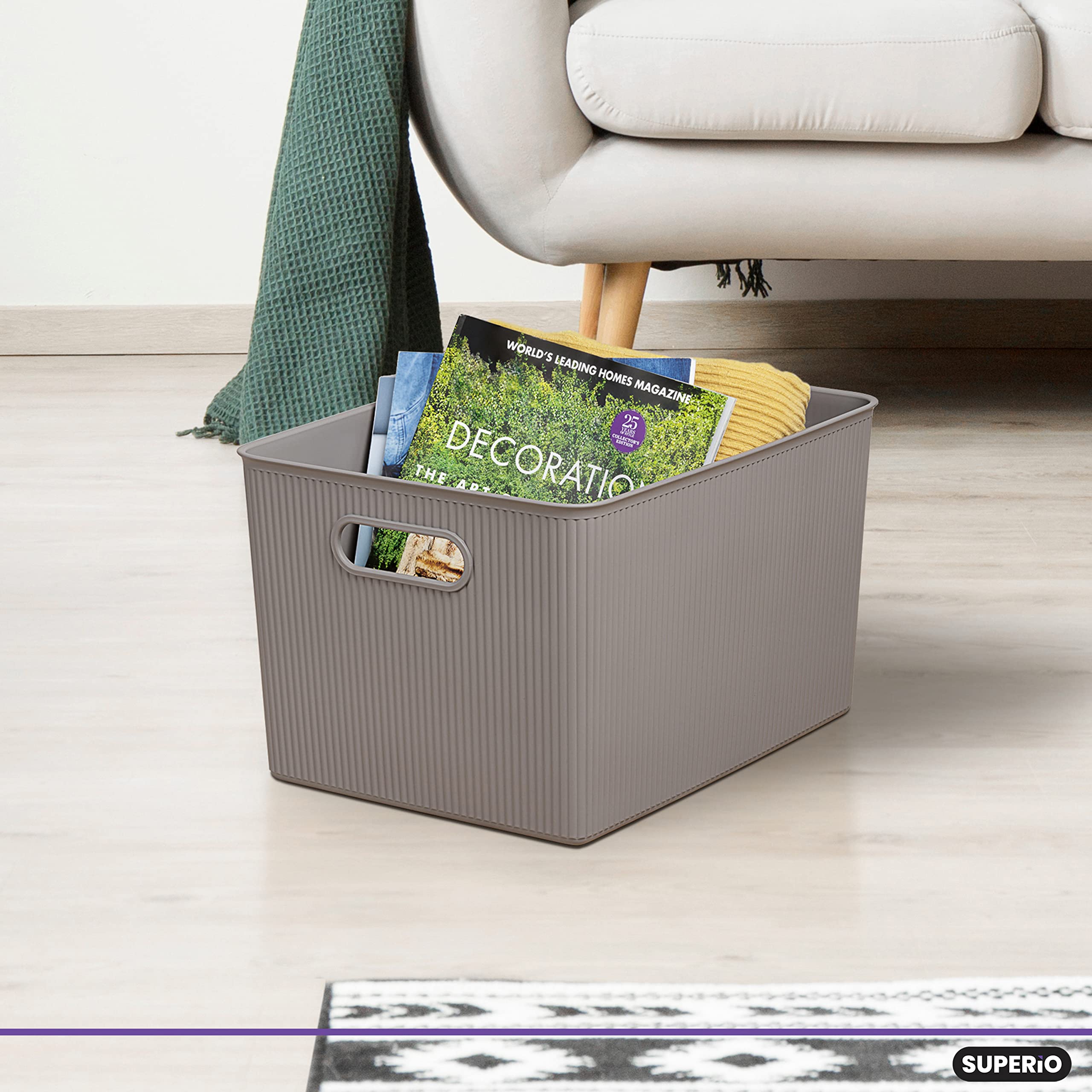 Superio Ribbed Collection - 6 Pack X-Large Taupe Plastic Storage Bins, 22 Liter/23 Quart Decorative Organizer Baskets for Home, Closet, Shelves & Drawers | Space-Saving Open Storage Containers for Bedroom, Bathroom & Office Organization