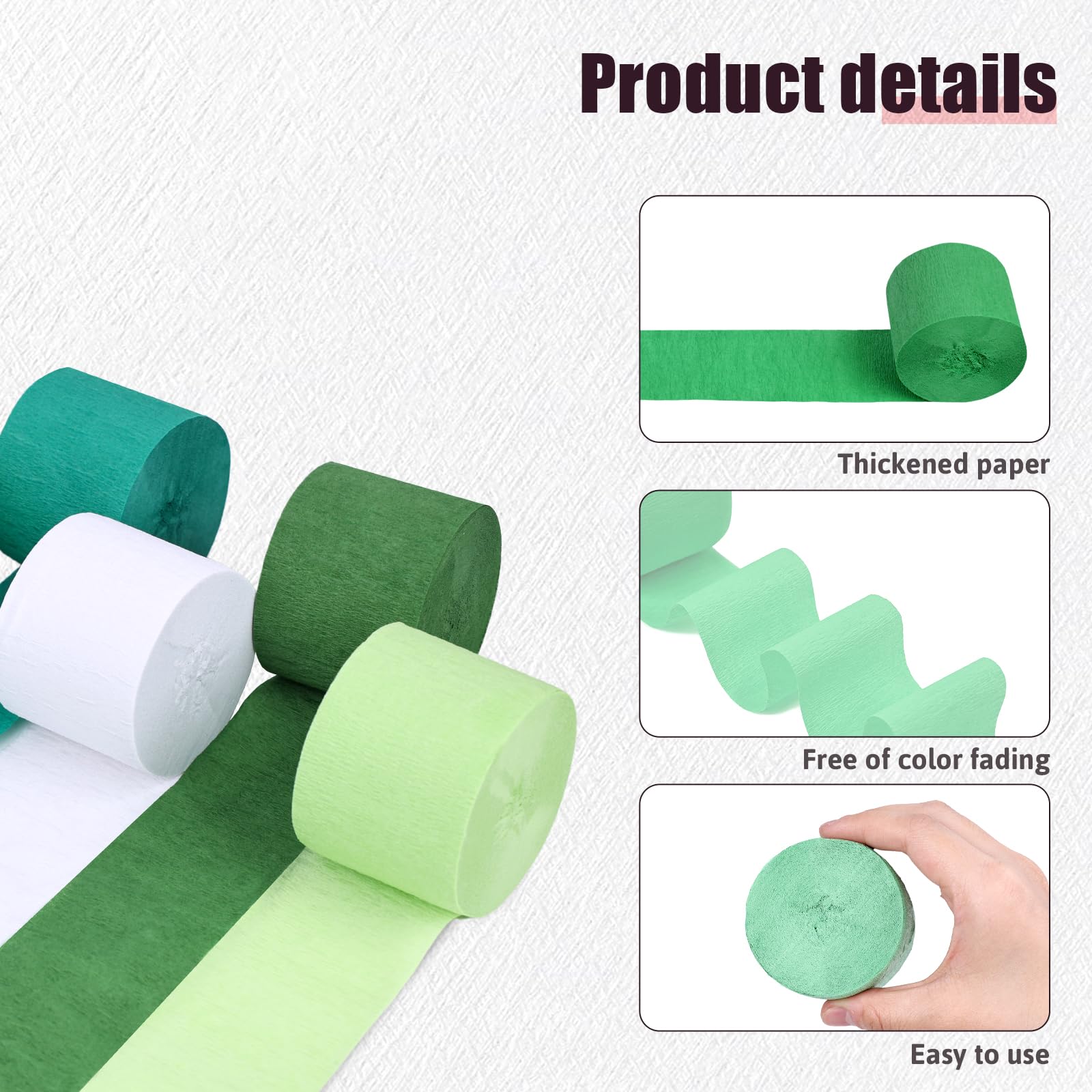 Shindel 6 Rolls Green Crepe Paper Streamers - Thick Decorative Crinkled Paper for Baby Showers, Weddings & St. Patrick's Day Decorations (1.8