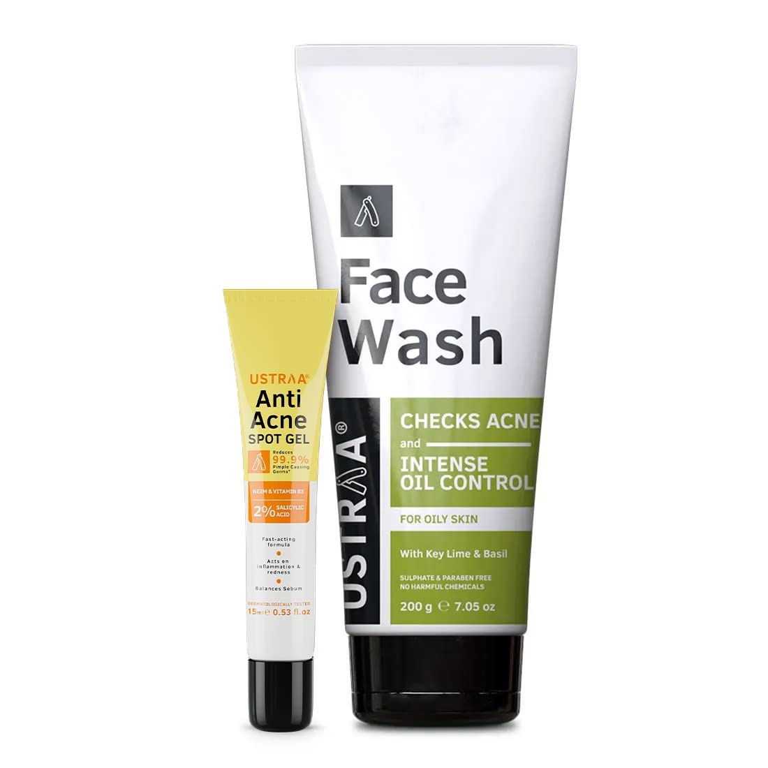 Ustraa Anti-Acne Kit with 2% Salicylic Acid & Neem - Includes Spot Gel (15ml) & Face Wash (200g) - Reduces 99.9% Pimple-Causing Germs - Specially Formulated for Oily Skin - Perfect for Daily Acne Treatment & Clear Skin Care Routine
