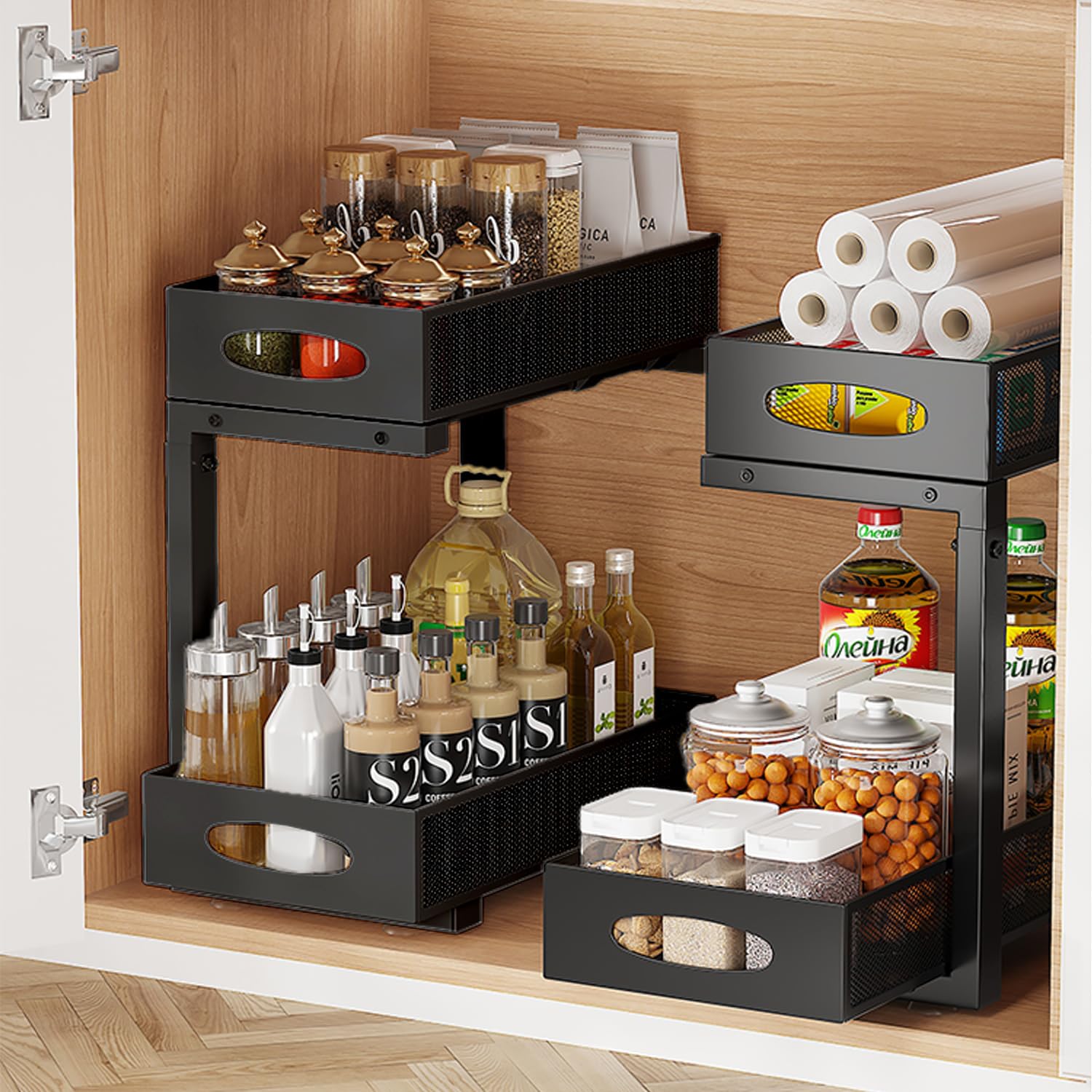 2-Tier Under Sink Organizer - Rustproof Steel Sliding Shelf for Kitchen & Bathroom Storage