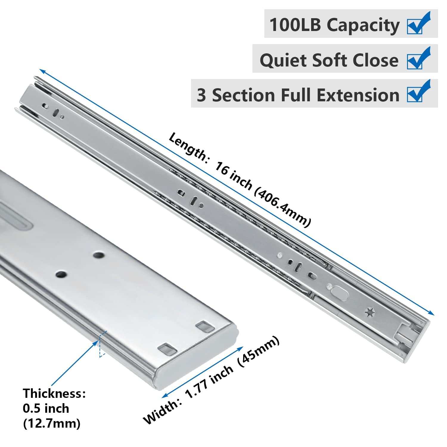 Homdiy 16 Inch Soft Close Drawer Slides - 5 Pairs Full Extension Heavy Duty Ball Bearing Cabinet Slides (100 LB Capacity) - Perfect for Kitchen Cabinets, Office Furniture & DIY Storage Solutions