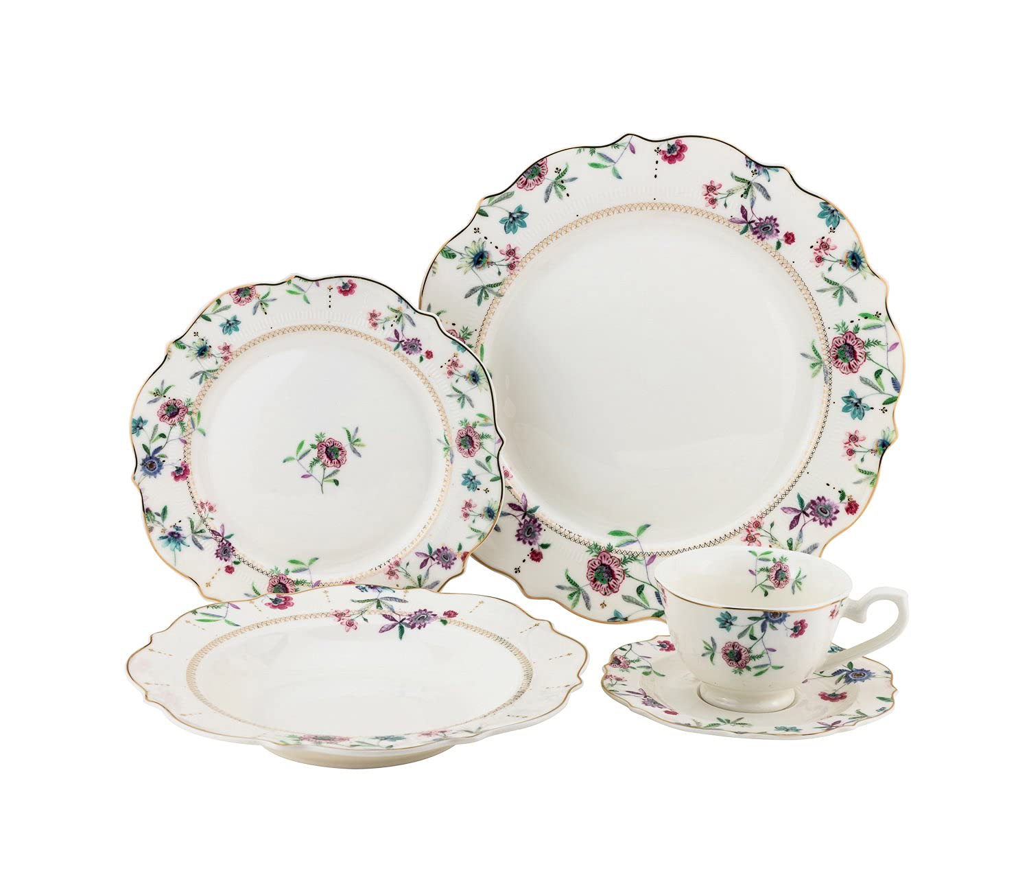 Royalty Porcelain Adrienne 20-Piece Dinnerware Set - Elegant Bone China with Floral Design in White & Green | Perfect for Formal Dining, Wedding Gifts & Luxury Table Settings