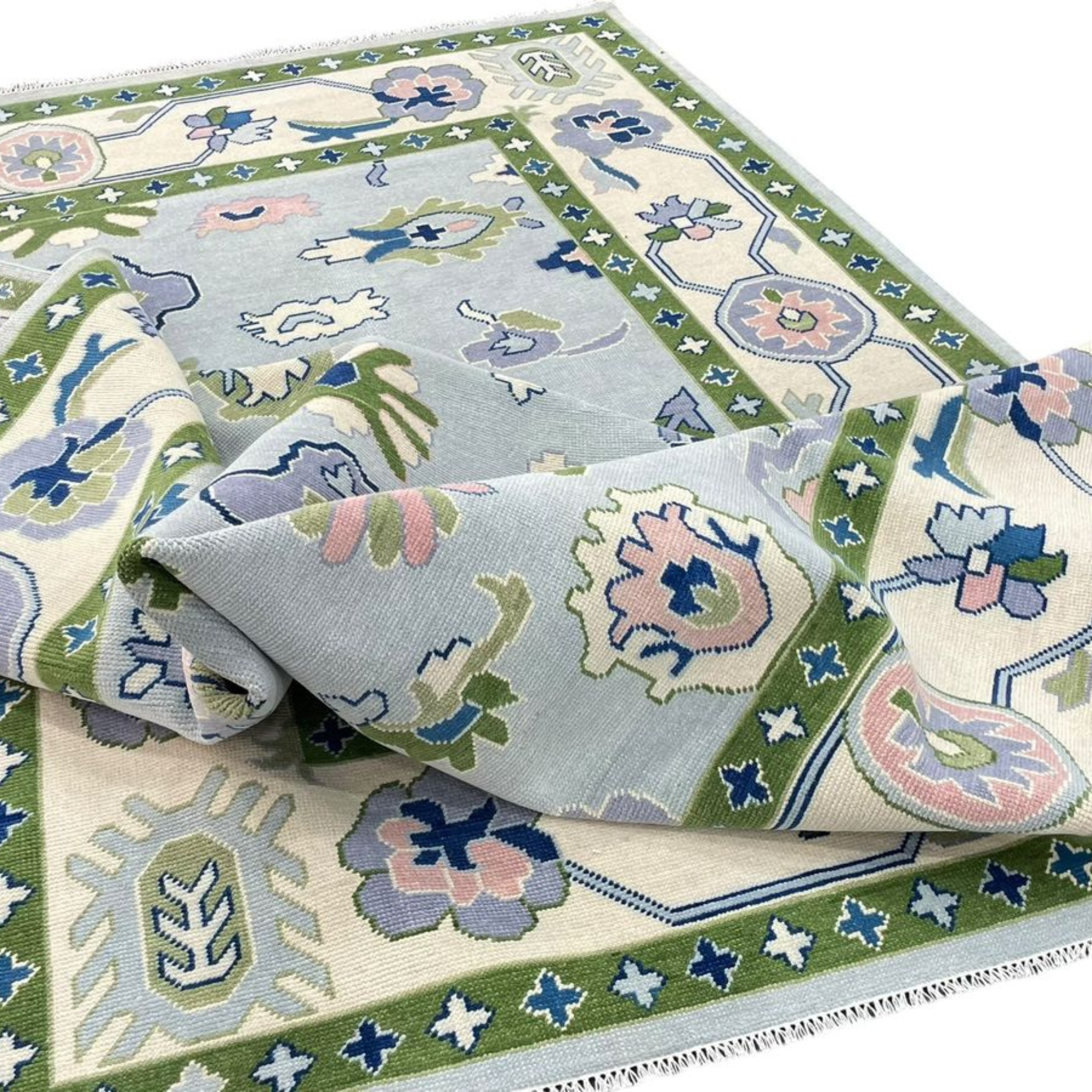 Handmade Byram Oushak Rug in Meadow Green - Authentic Turkish Wool Area Rug for Living Room, Bedroom & Dining Room Decor