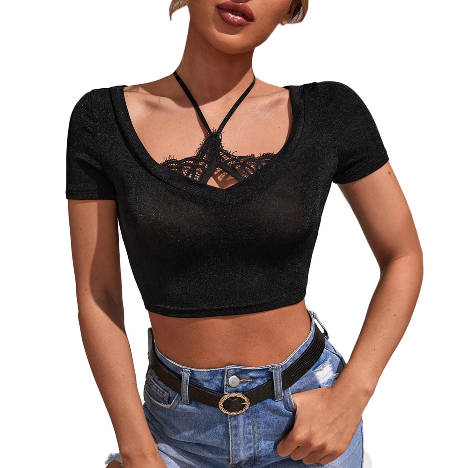 Elegant Women's Knit Lace Short Sleeve T-Shirt - Slim Fit Cutout Neck Cotton Tunic Top | Perfect for Casual Wear, Office Outfits & Summer Fashion