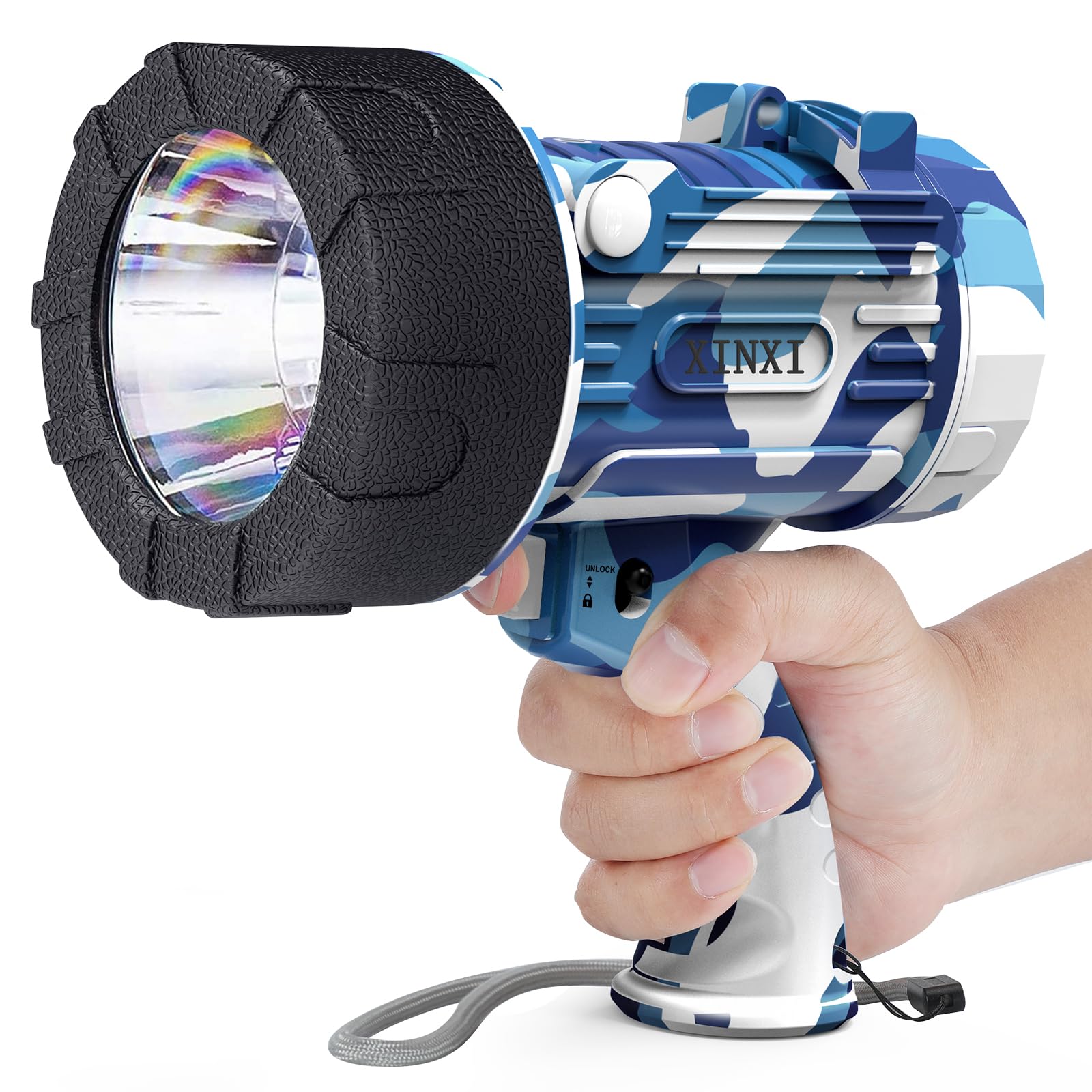XINXI 1000000 Lumens Rechargeable LED Spotlight - 4 Light Modes, USB Charger, IP67 Waterproof & Red Filter - Perfect for Hiking, Camping, Boating, Hunting, Emergency Use (Camouflage Blue)