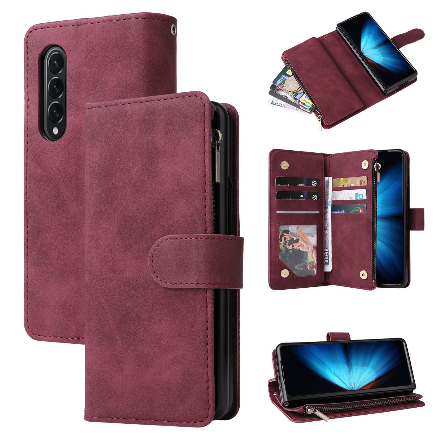 Samsung Galaxy Z Fold 4 Magnetic Leather Wallet Case with 6 Card Slots & Hand Strap - Shockproof Flip Cover with Zipper Pocket & Stand Feature for Z Fold 4 - Perfect for Business, Travel & Daily Use (Red)