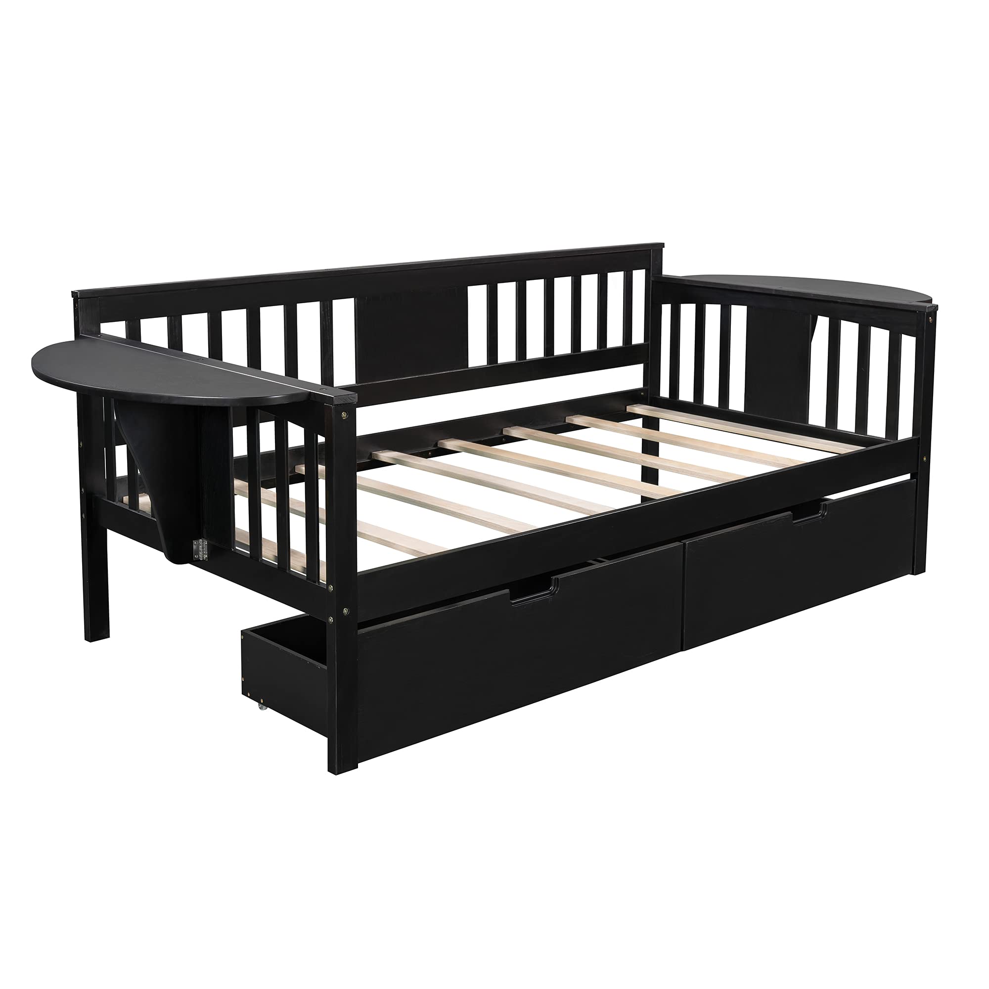 Solid Wood Daybed with 2 Folding Tables & 2 Drawers - Twin Size Multi-Functional Bed Frame for Kids, Teens & Guest Rooms - No Box Spring Needed - Perfect for Small Spaces, Sleepovers & Home Office Use