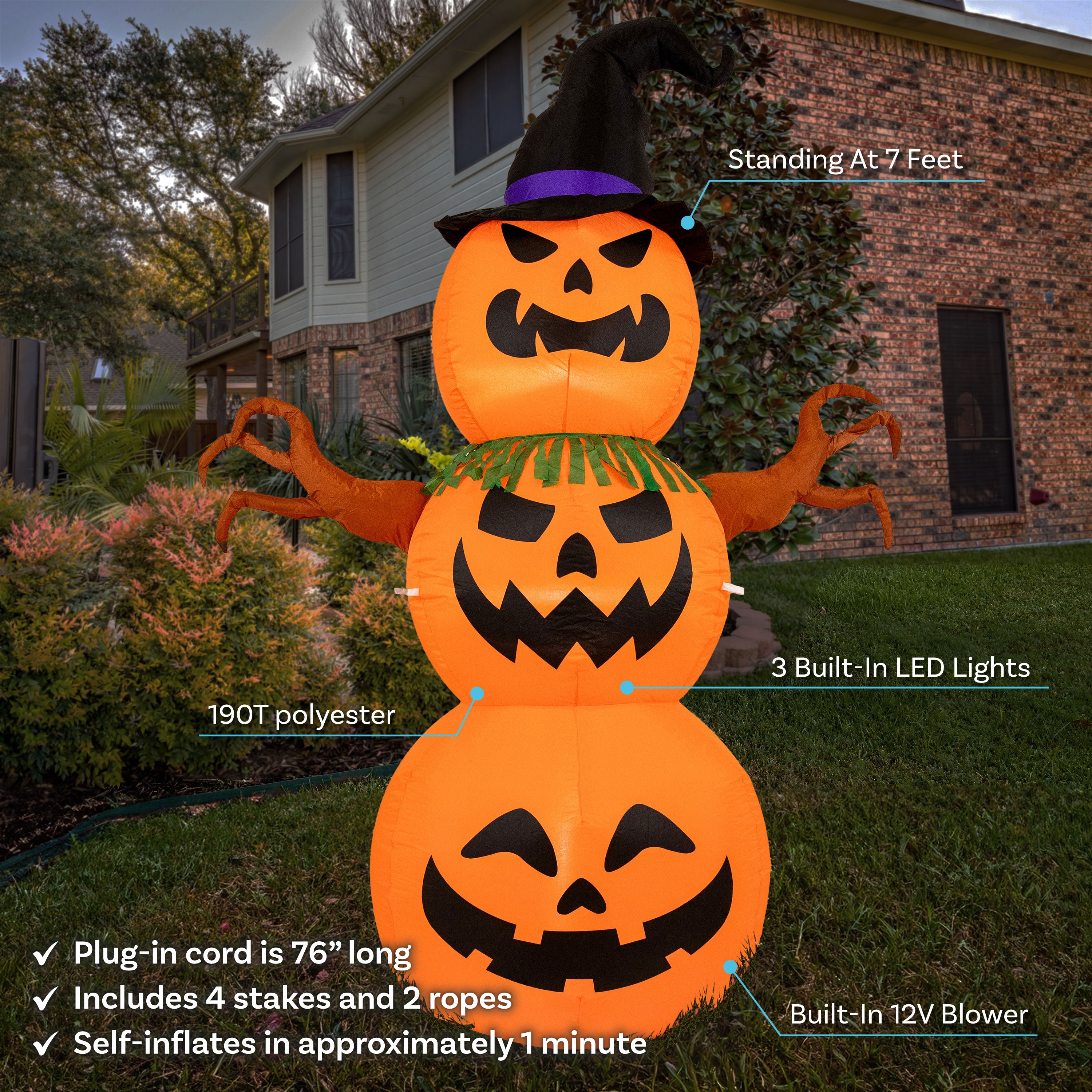 7ft Jack O' Lantern Scarecrow Pumpkin Inflatable Halloween Yard Decoration - Outdoor Party Decor for Halloween, Fall Harvest & Spooky Festivals