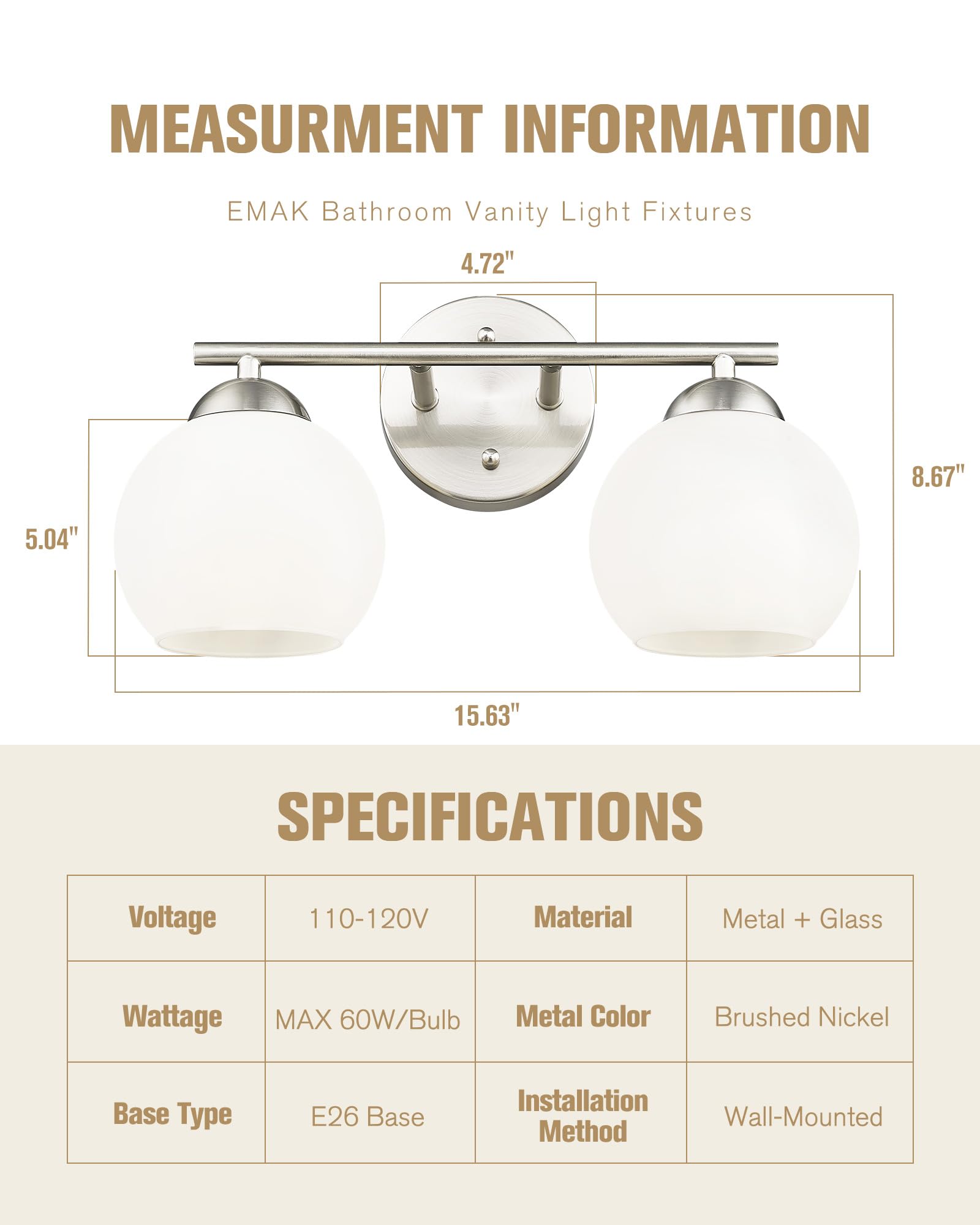 Emak Modern Globe Vanity Lights - Brushed Nickel Bathroom Light Fixtures with Milk Glass Shade, 2-Light Bathroom Vanity Lighting for Bathroom, Bedroom & Dressing Room Makeup Area