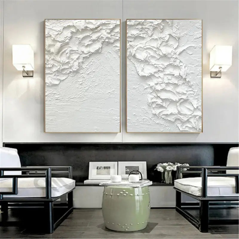Minimalist White Textured Canvas Wall Art Set of 2 - Modern Abstract Paintings for Living Room, Bedroom & Office Decor #MM061
