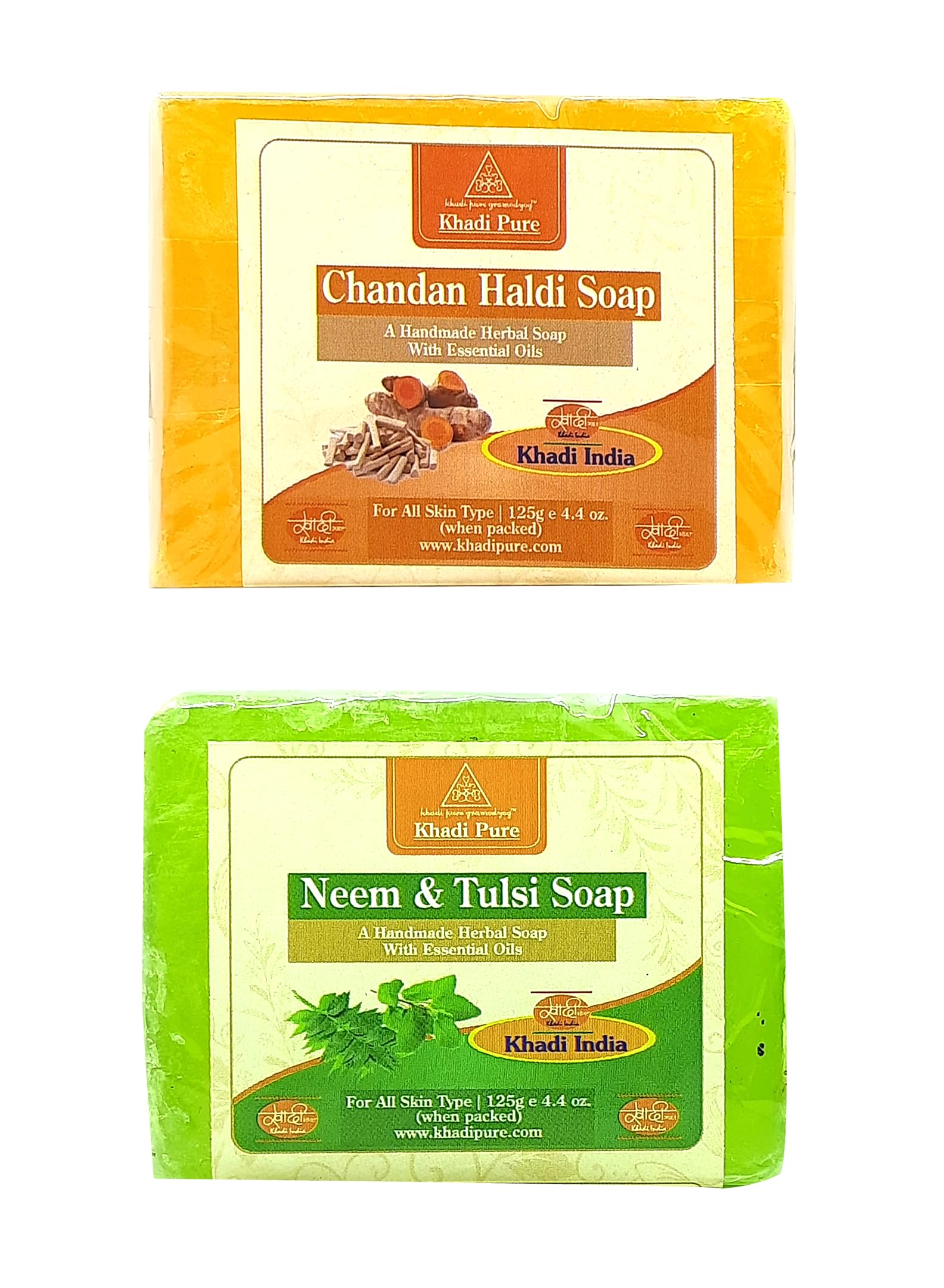 Khadi Pure Herbal Chandan Haldi & Neem Tulsi Soap (125g) Pack of 2 (250g) - Natural Ayurvedic Skincare for Glowing Skin, Acne Treatment & Daily Cleansing