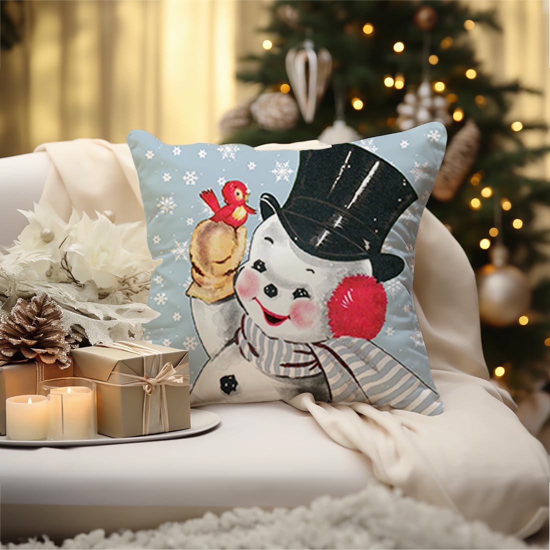 Christmas Pillow Covers Set of 4 - 16x16 Inch Holiday Decor with Snowflake, Santa, Snowman & Deer Designs - Blue Winter Throw Pillow Cases for Couch, Bed & Home Decor - Perfect for Xmas, Winter & Holiday Season