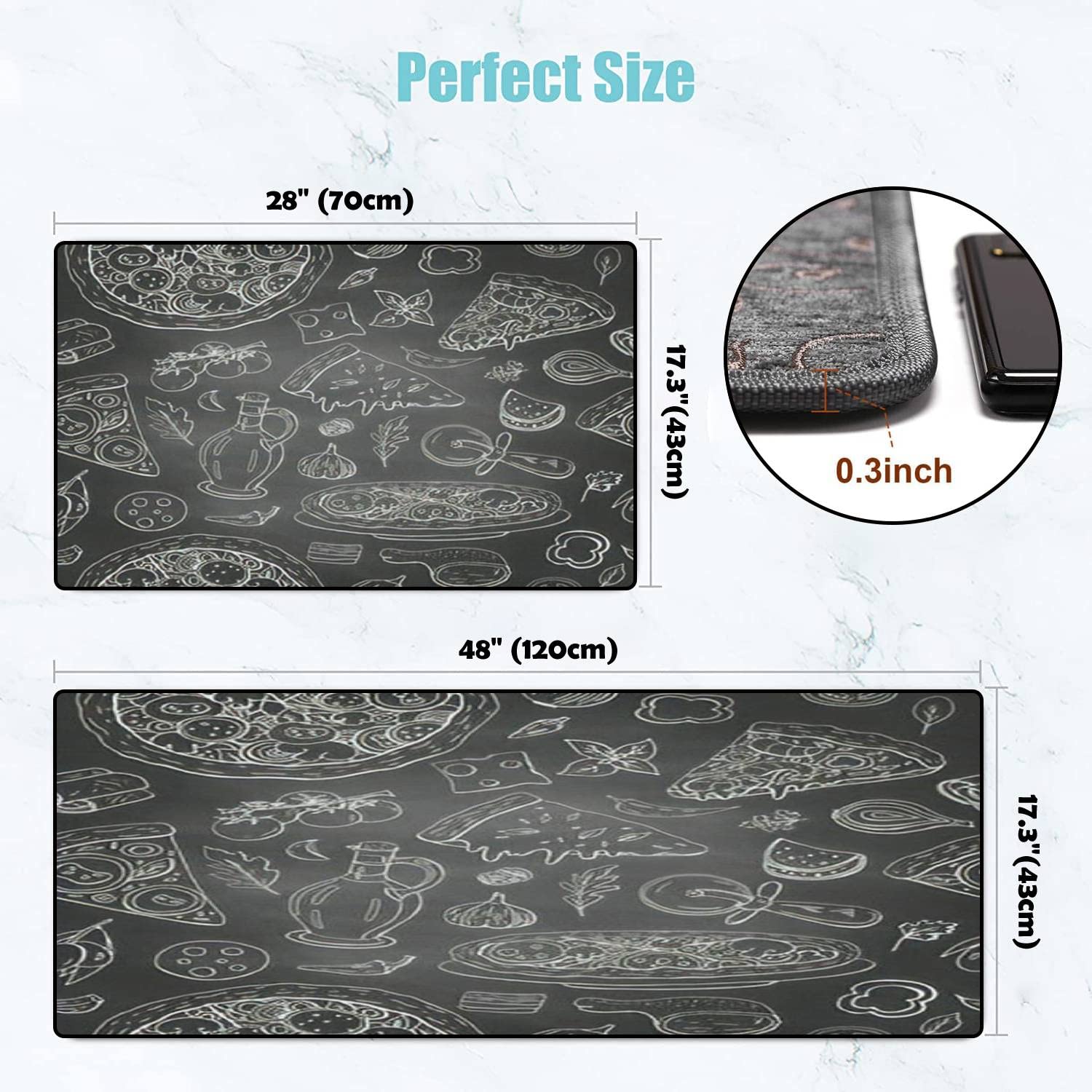 Italian Food Themed Non-Slip Kitchen Rugs Set - Washable Seamless Floor Mats with Pizza, Olive Oil & Vegetables Design - Anti-Fatigue Standing Mats for Kitchen, Bathroom & Entryway Decor