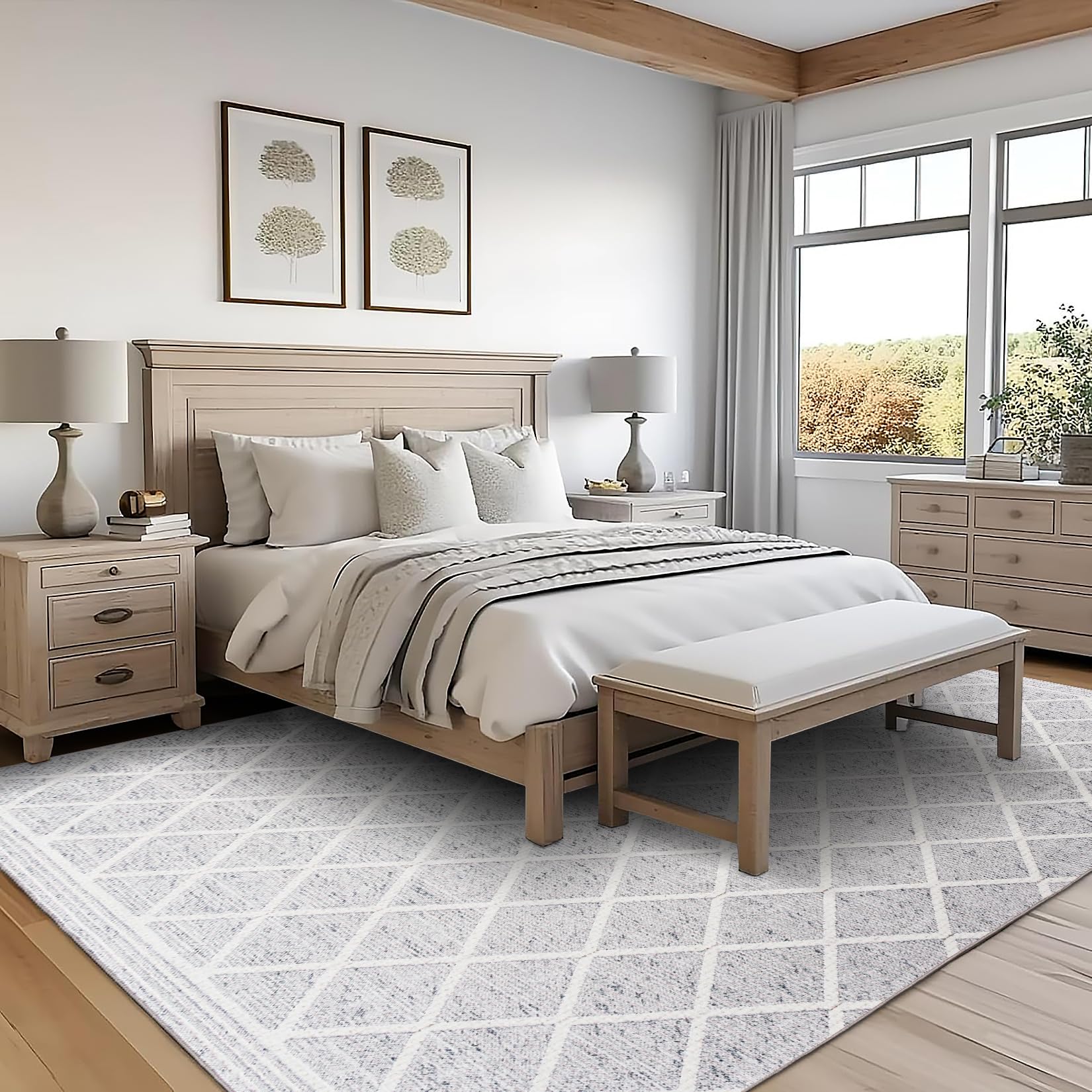 Machine Washable Area Rug 5' x 7' - Stain Resistant Low Pile Premium Rug for Living Room, Bedroom, Office - Boho Modern Farmhouse Design in Gray Ivory - Perfect for High Traffic Areas & Pet-Friendly Homes