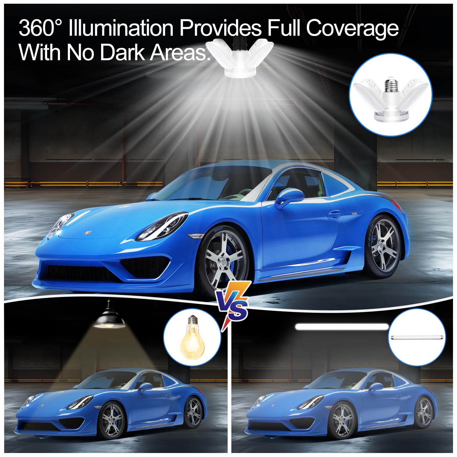 2-Pack LED Garage Ceiling Lights - 5000 Lumens, 6500K Daylight, 4 Adjustable Panels, E26 Base - Bright Shop Lights for Garage, Workshop, Kitchen, Attic & Indoor Use - Perfect for Task Lighting and Workspaces