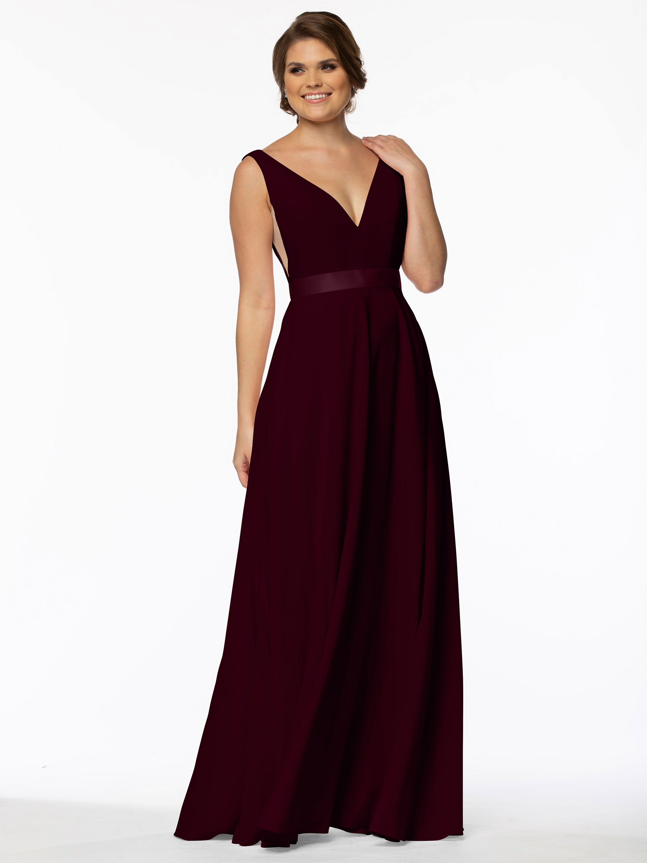 Elegant 80117 Stretch Chiffon A-Line Bridesmaid Dress with V-Neck & Sash - Perfect for Weddings, Formal Events & Special Occasions