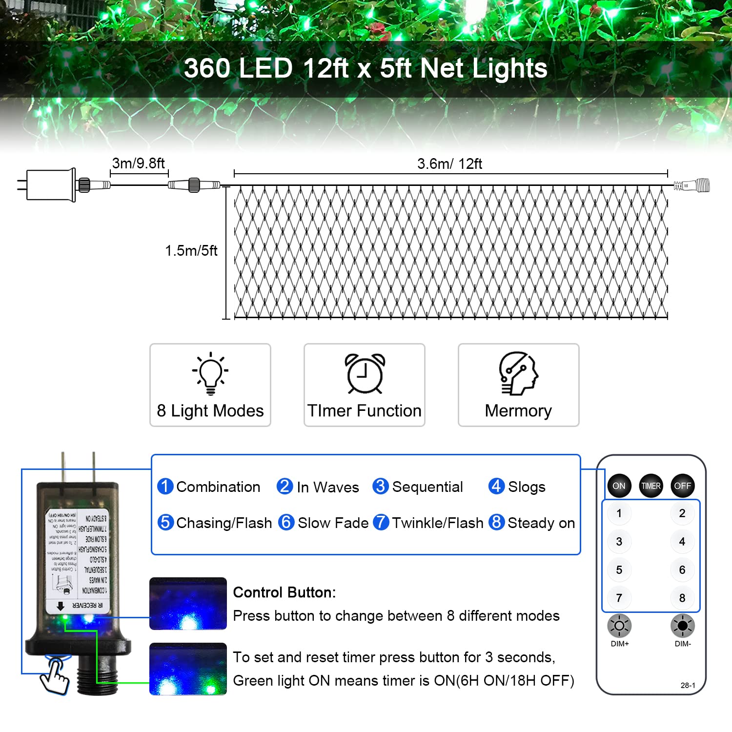 JMEXSUSS 360 LED Christmas Net Lights - 12ft x 5ft Outdoor Plug-in Bush Lights with Remote (8 Modes, Connectable Mesh) for Holiday Decor - Perfect for Christmas Trees, Patio, Garden & Patrick Day Celebrations (Transparent Wire)