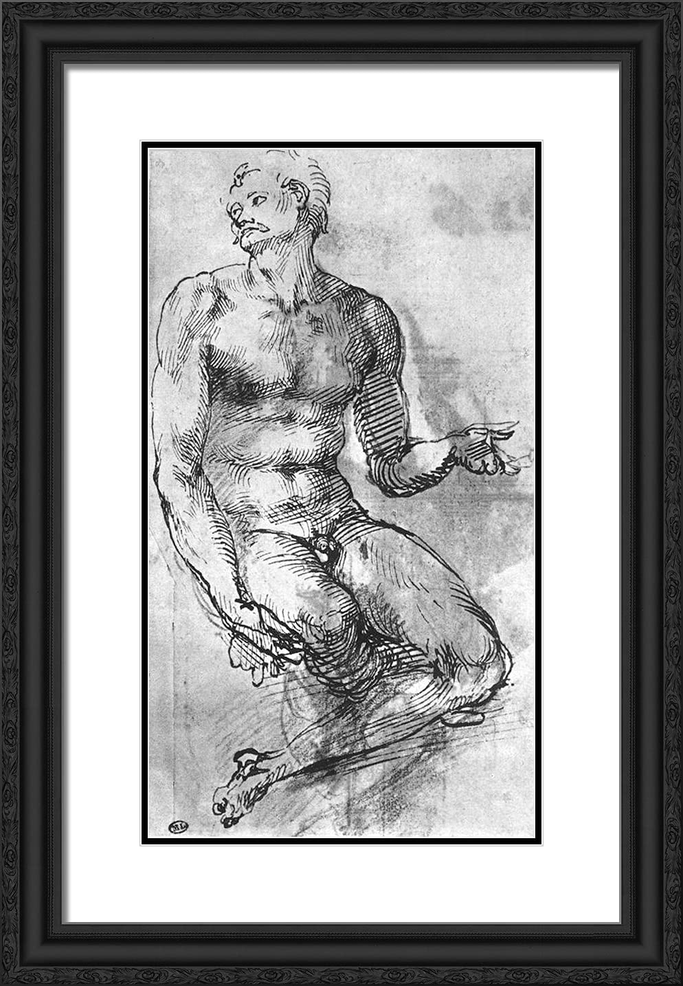 Michelangelo Male Nude Study - 17x24 Inch Black Ornate Framed Art Print with Double Matting | Renaissance Art Reproduction | Perfect for Home Decor, Office Wall Art & Gift for Art Lovers