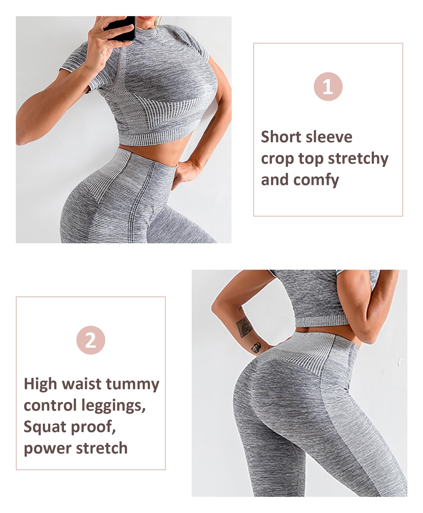 FeelinGirl Women's 2-Piece Seamless Workout Set - Ribbed Crop Top & High Waist Yoga Leggings for Gym, Running & Fitness | Comfortable Activewear Outfit
