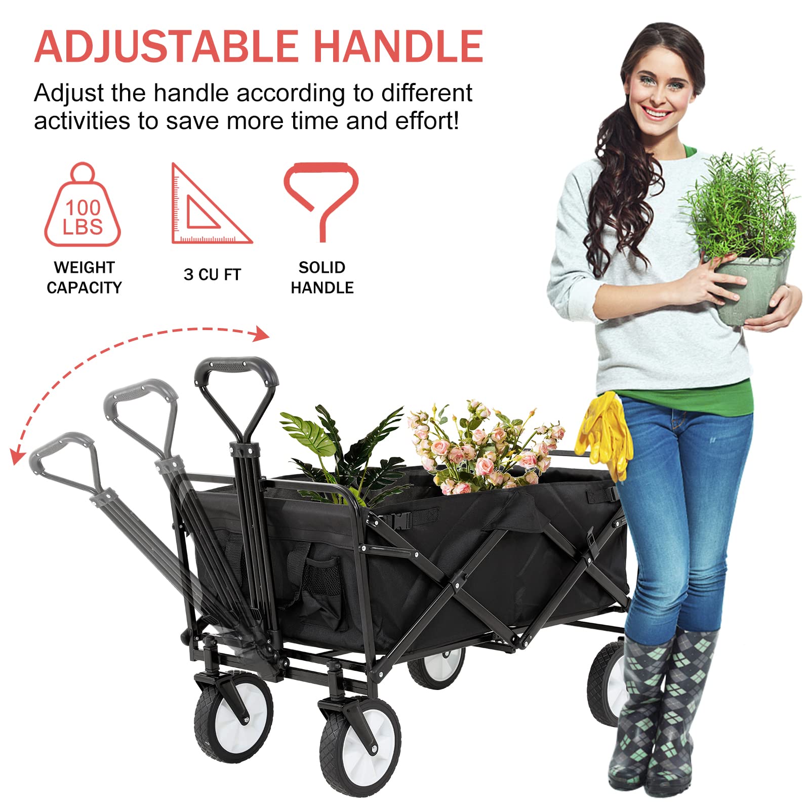 Heavy Duty Collapsible Utility Cart - Folding Wagon with Large Capacity for Shopping, Groceries, Camping & Beach | Portable Outdoor Wagon with 2 Cup Holders & Wheels | Perfect for Garden, Picnics, and Home Use (FW-GT1061-Black)