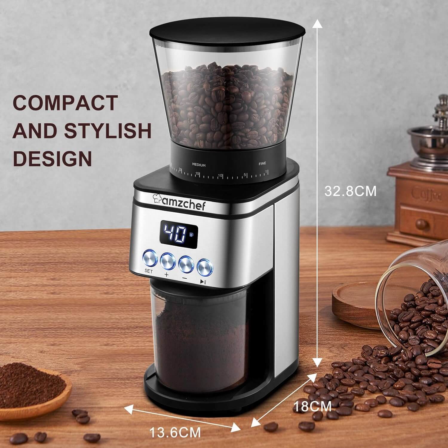 AMZCHEF Electric Coffee Grinder with 30 Precise Settings - Fresh Ground Coffee for Espresso, Drip & French Press - Perfect for Home & Office Use