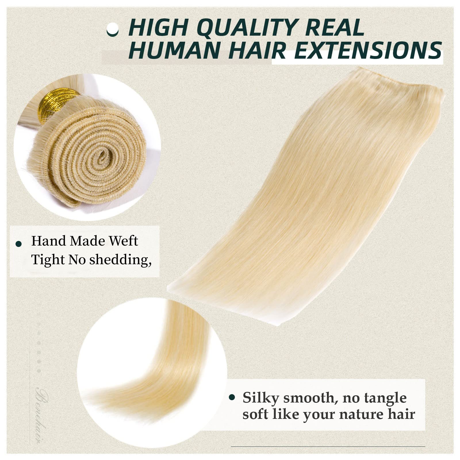 Benehair 24 Inch Straight Brazilian Human Hair Bundles - 100% Unprocessed Virgin Remy Hair Extensions #613 Bleach Blonde (100g) for Natural Look & Daily Styling